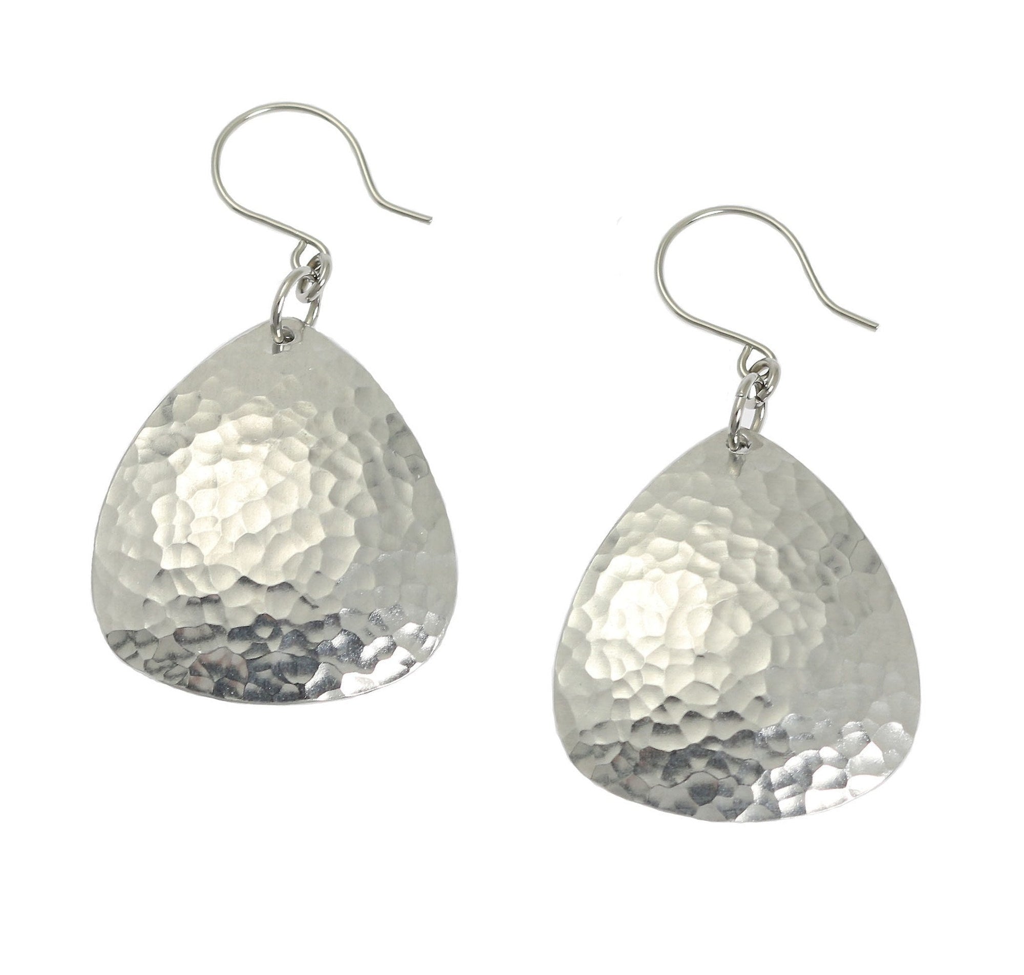 A Pair of Hammered Triangular Aluminum Drop Earrings on a White Background
