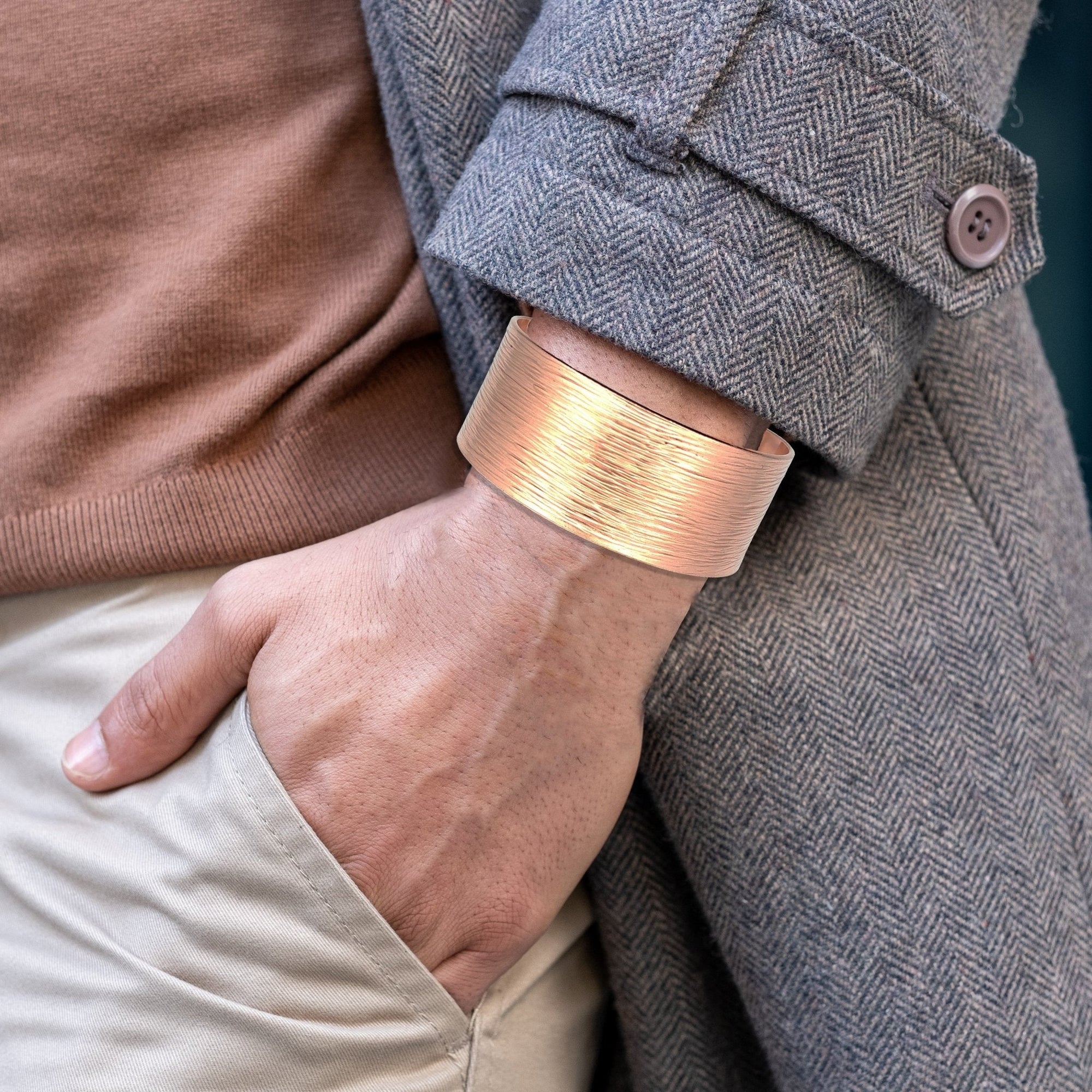 1 Inch Wide Men's Bark Copper Cuff Bracelet on Wrist