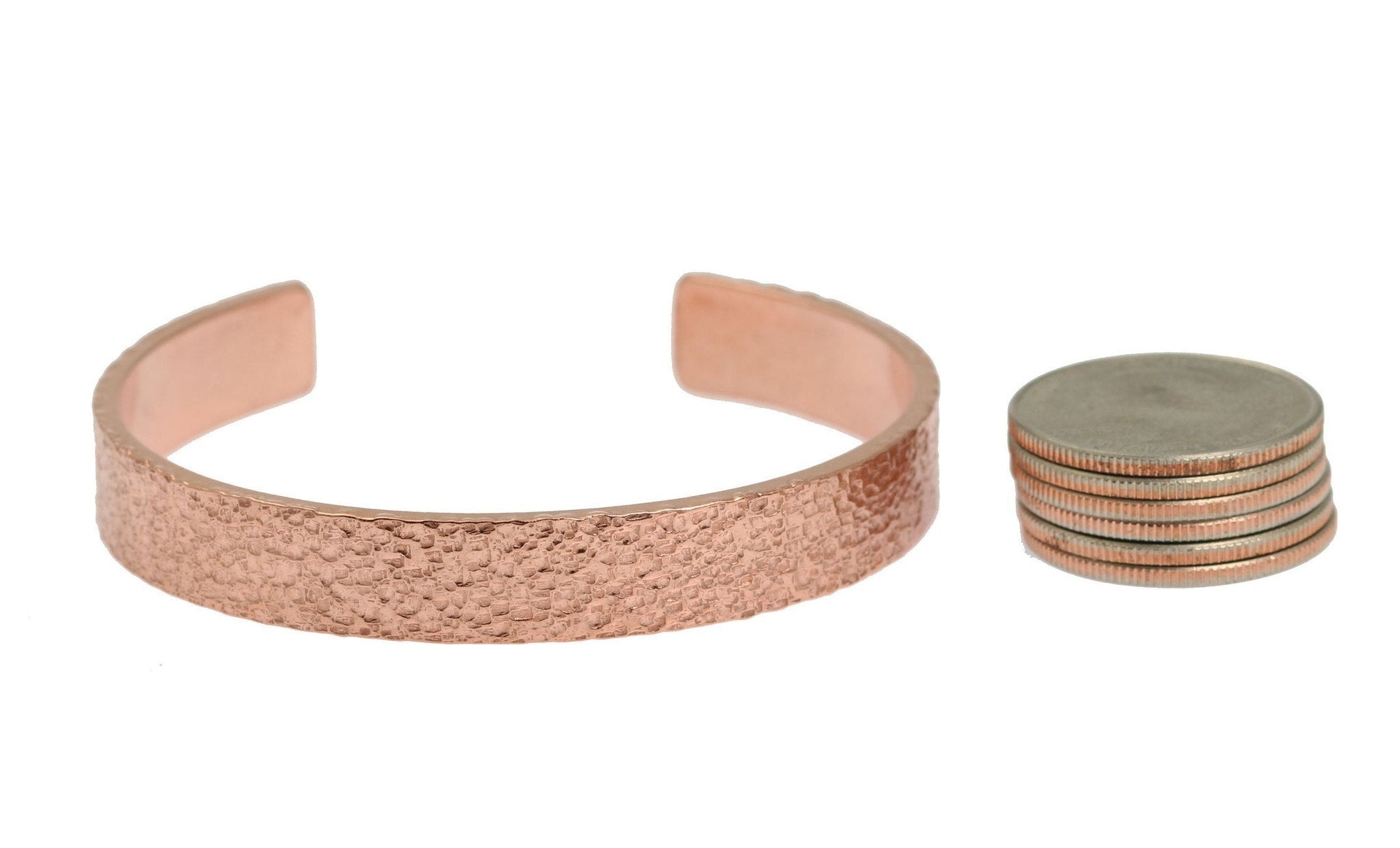 Width of 10mm Wide Men's Texturized Copper Cuff Bracelet compared to 6 stacked US Quarter Coins