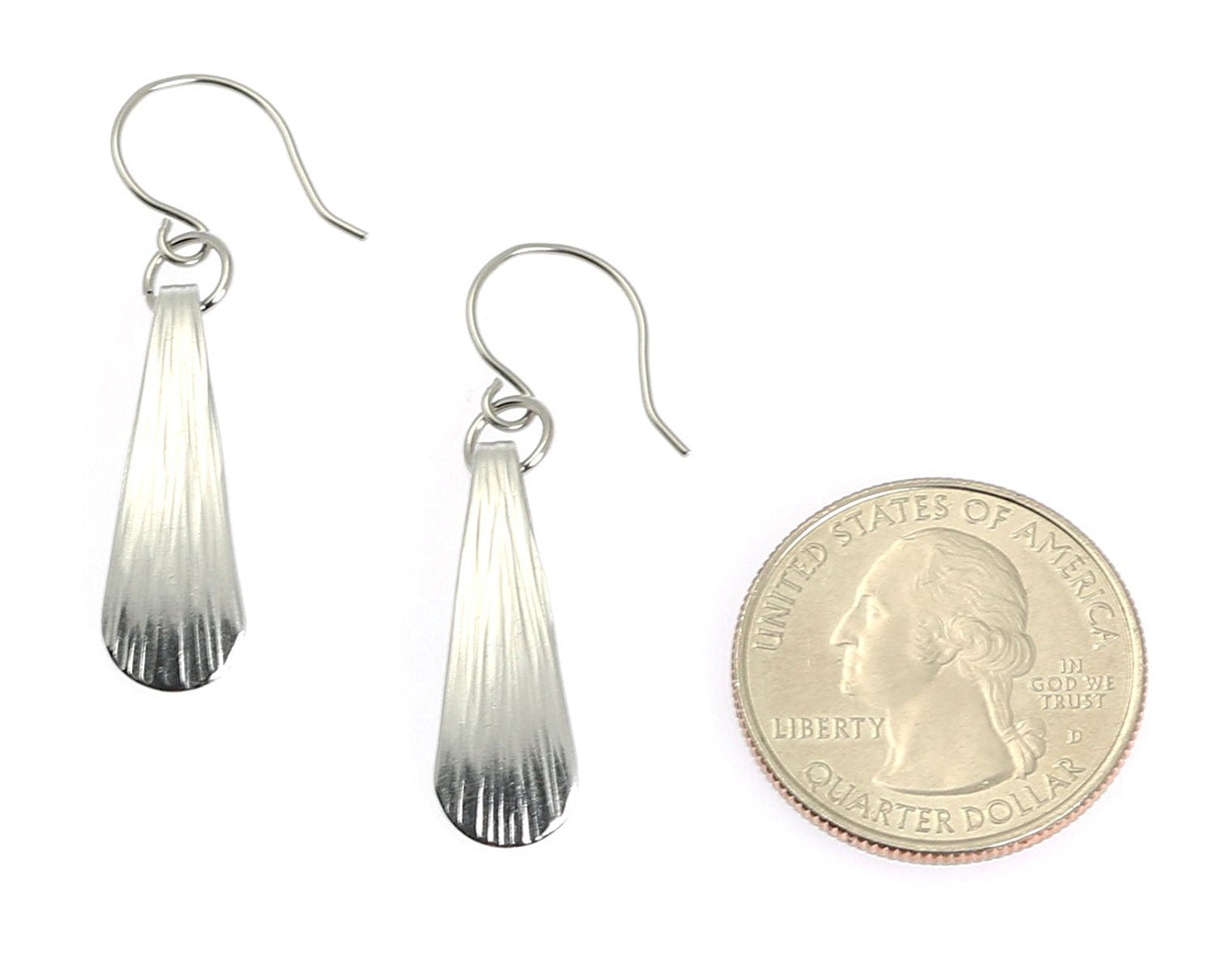 Size of Mini Chased Aluminum Drop Earrings compared to a US Quarter Coin