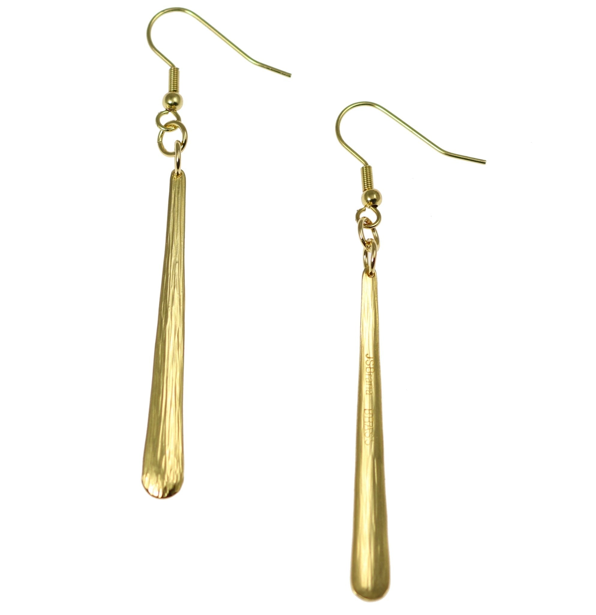 Front and Back Views of Mini Chased Nu Gold Brass Drop Earrings