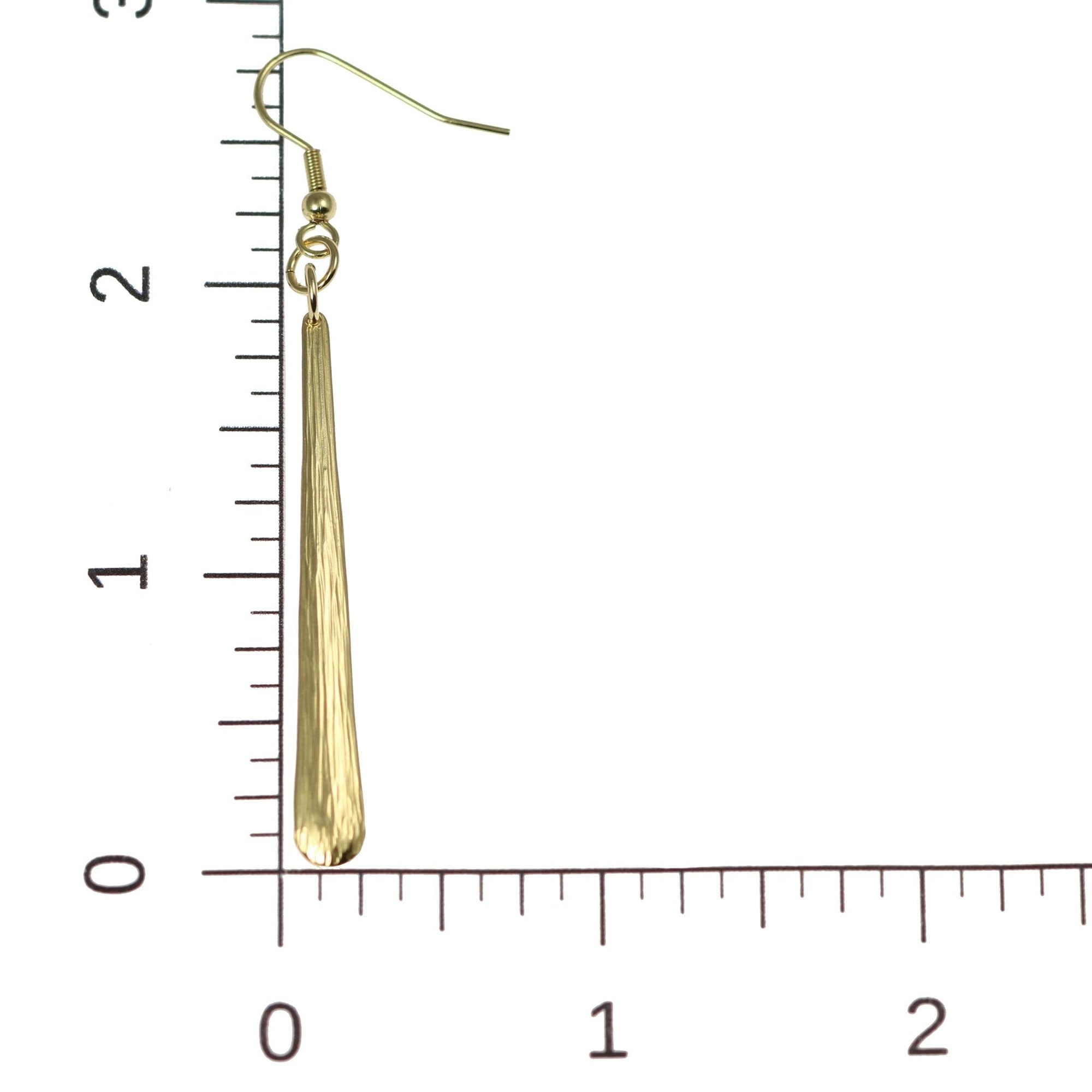 Scale of Mini Chased Nu Gold Brass Drop Earrings on Ruler for Size Dimensions