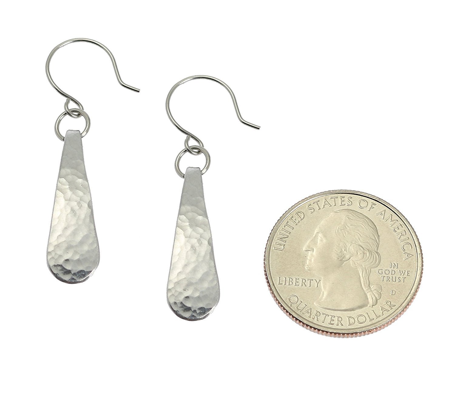 Size of Mini Hammered Aluminum Drop Earrings compared to a US Quarter Coin