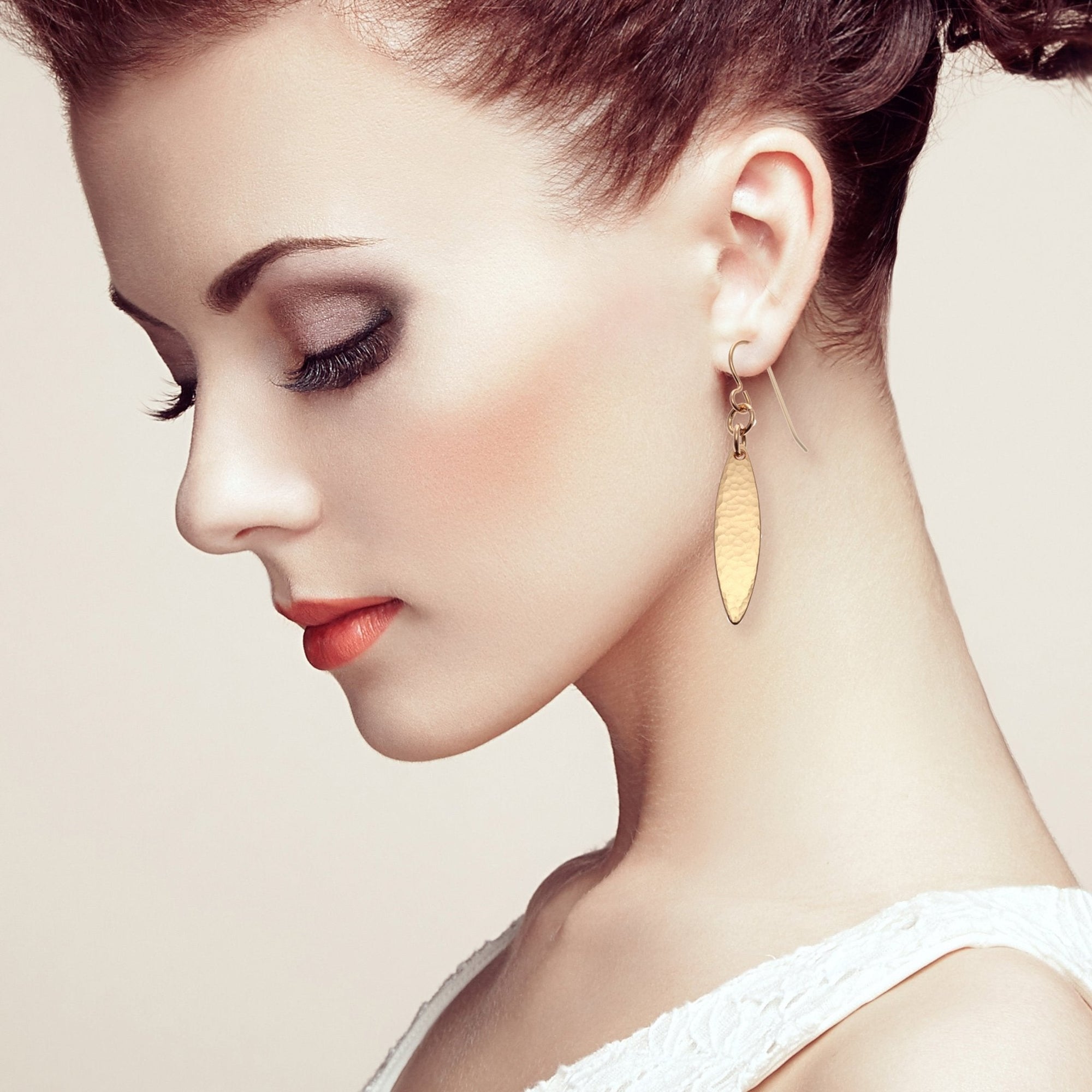 Model Wearing Mini Marquise Hammered Bronze Drop Earrings
