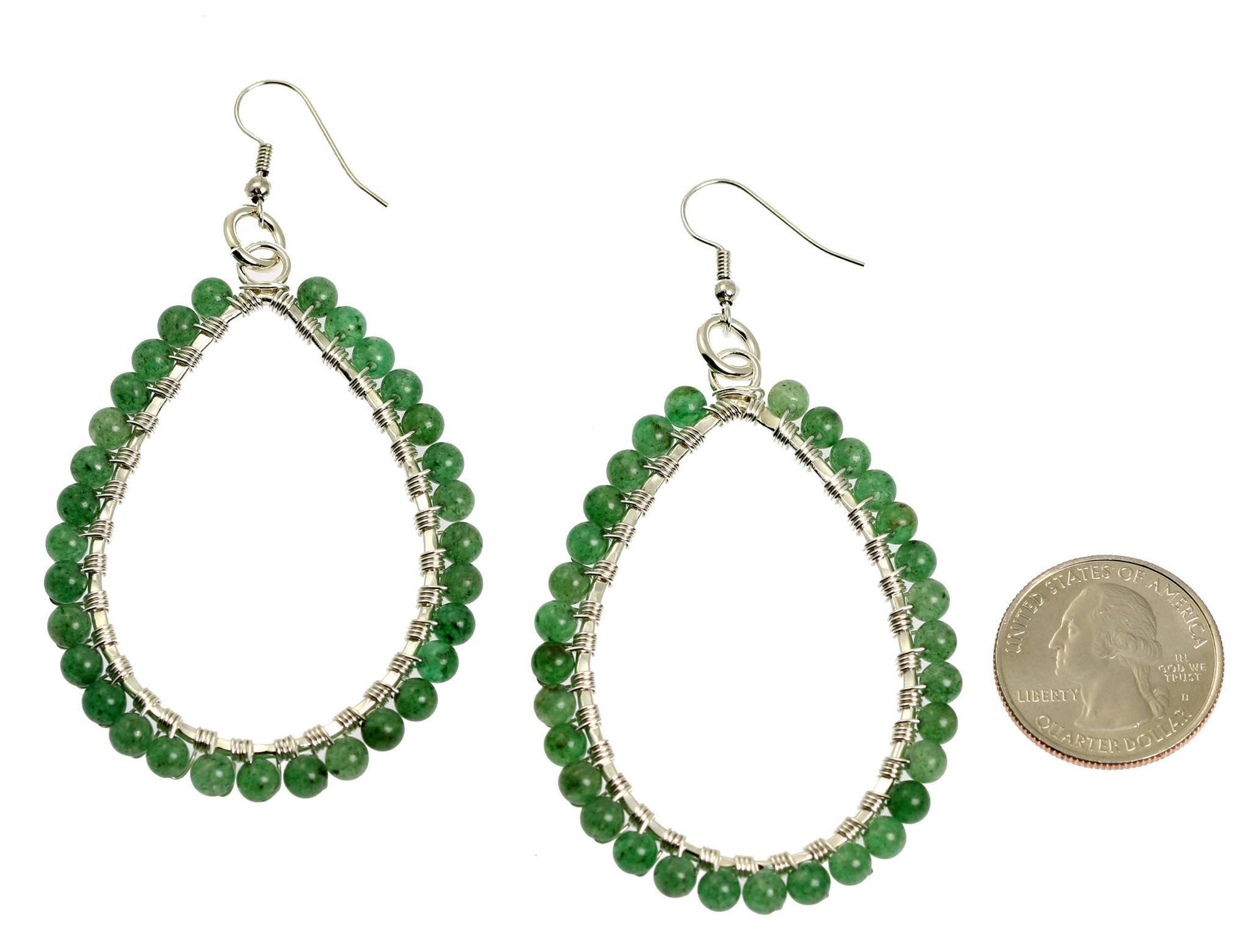 Size of Mountain Jade Silver Drop Earrings compared to a US Quarter Coin