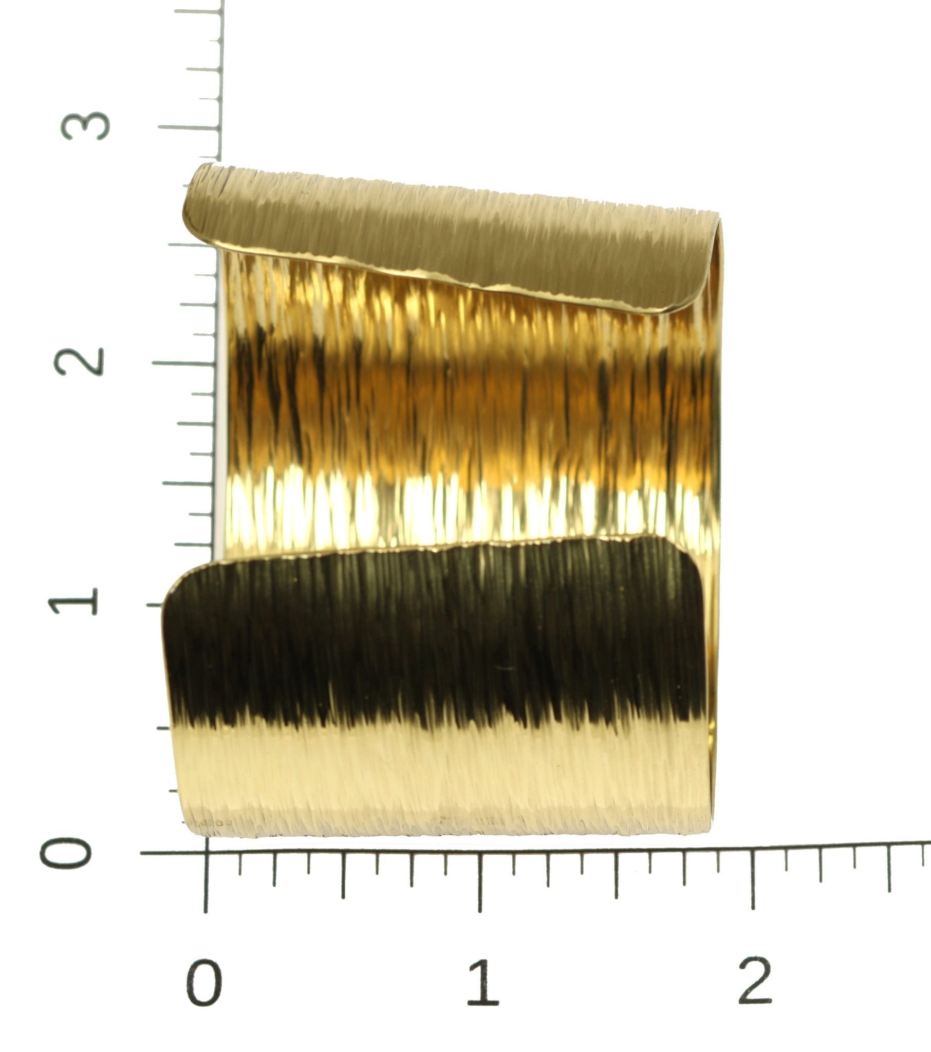 Scale of Nu Gold Brass Bark Cuff on Ruler for Size Dimensions