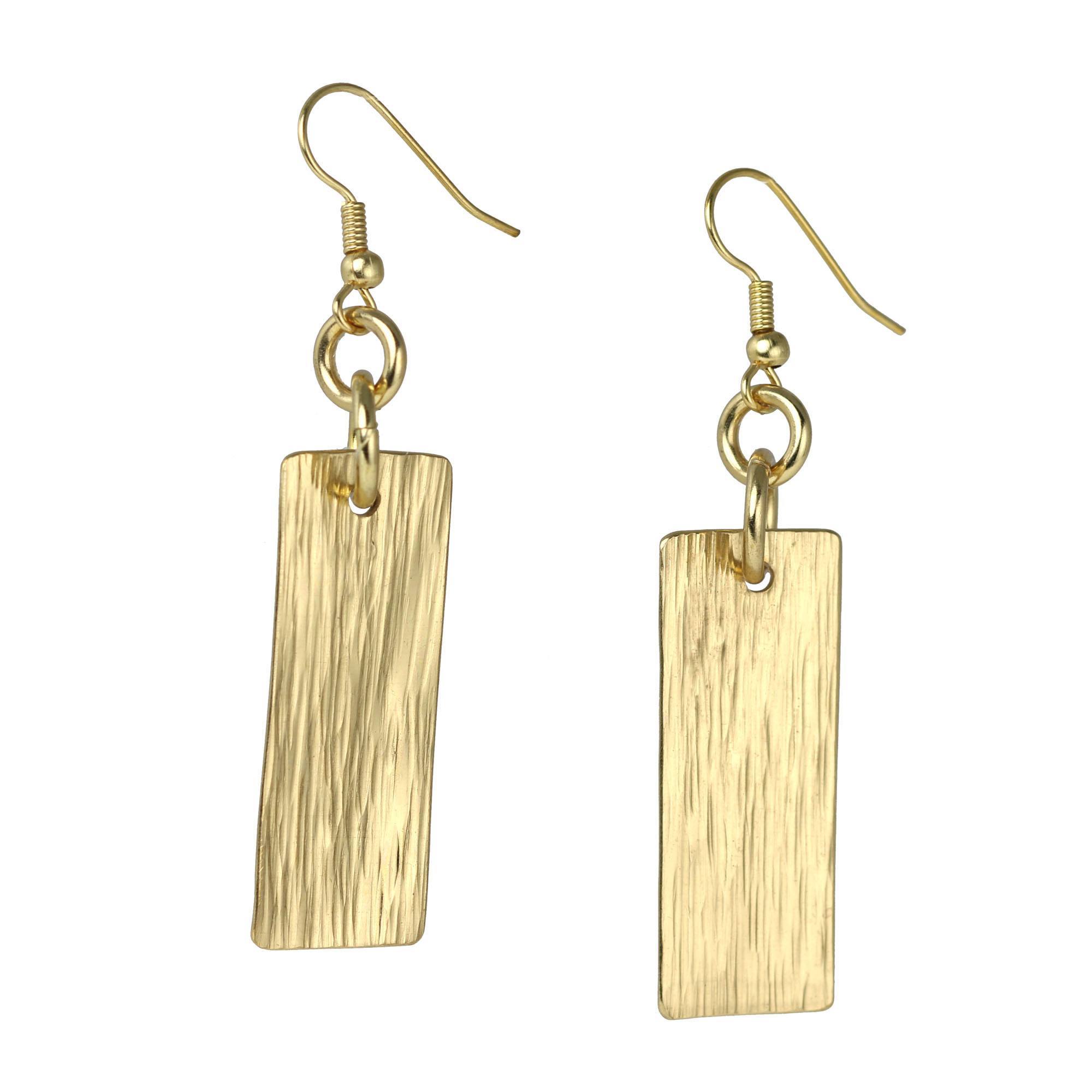 A Pair of Nu Gold Brass Bark Drop Earrings on a White Background