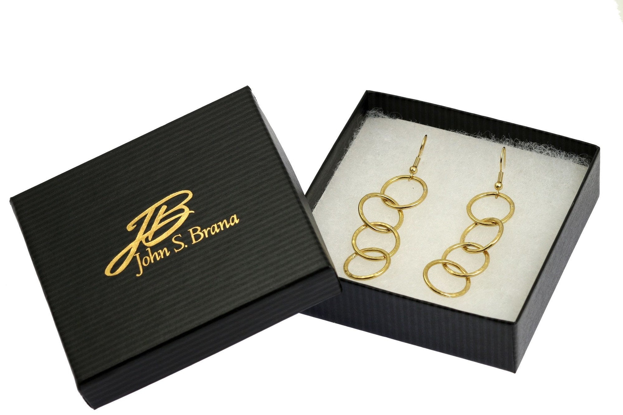 Gift Boxed Nu Gold Brass Hammered Four Link Drop Earrings