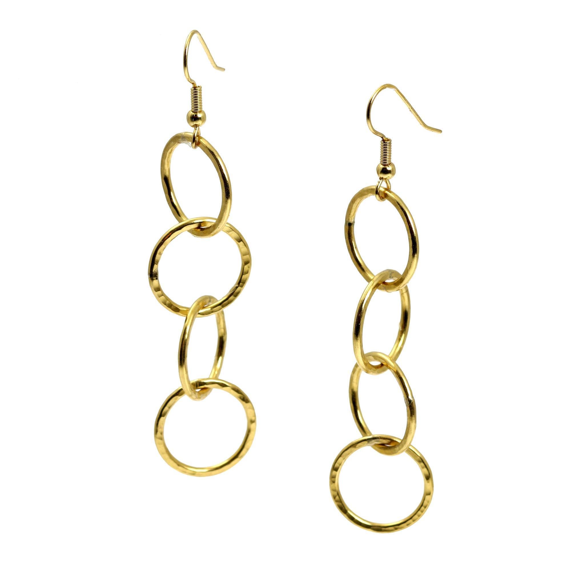 A Pair of Nu Gold Brass Hammered Four Link Drop Earrings on a White Background