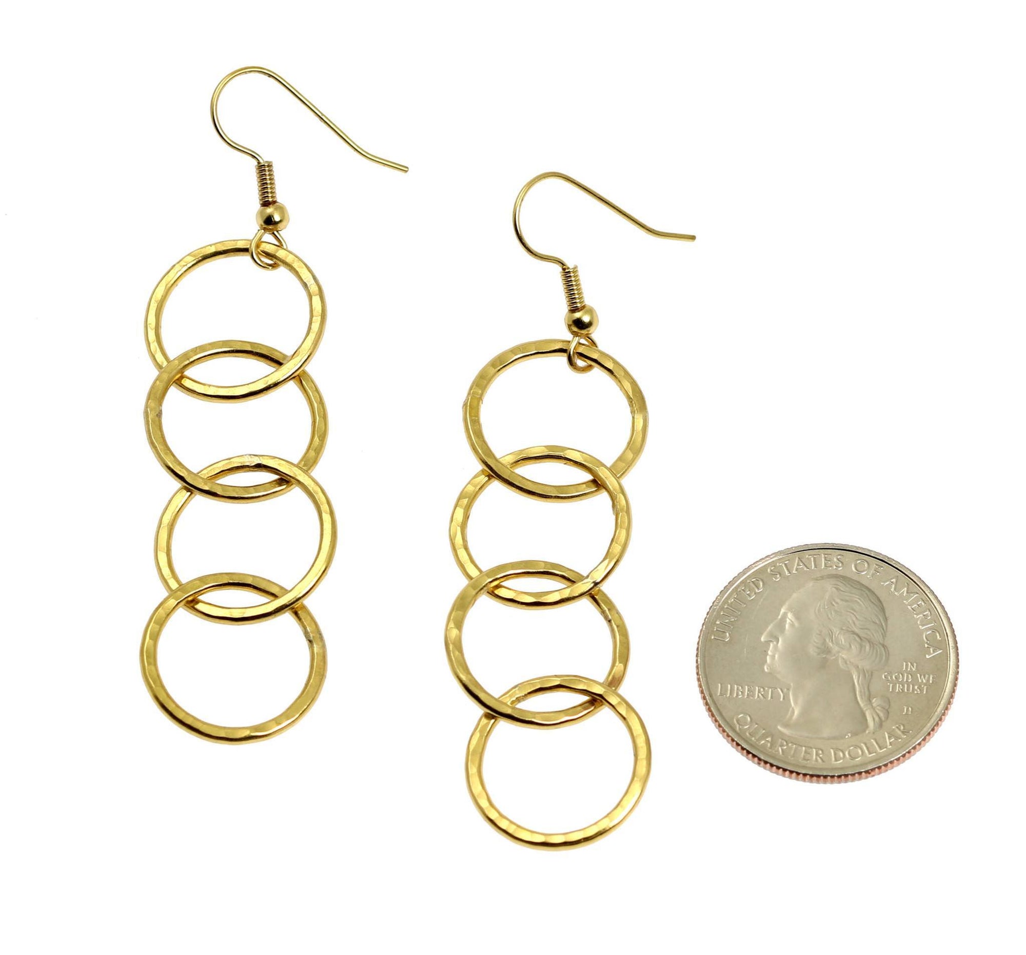 Size of Nu Gold Brass Hammered Four Link Drop Earrings compared to a US Quarter Coin