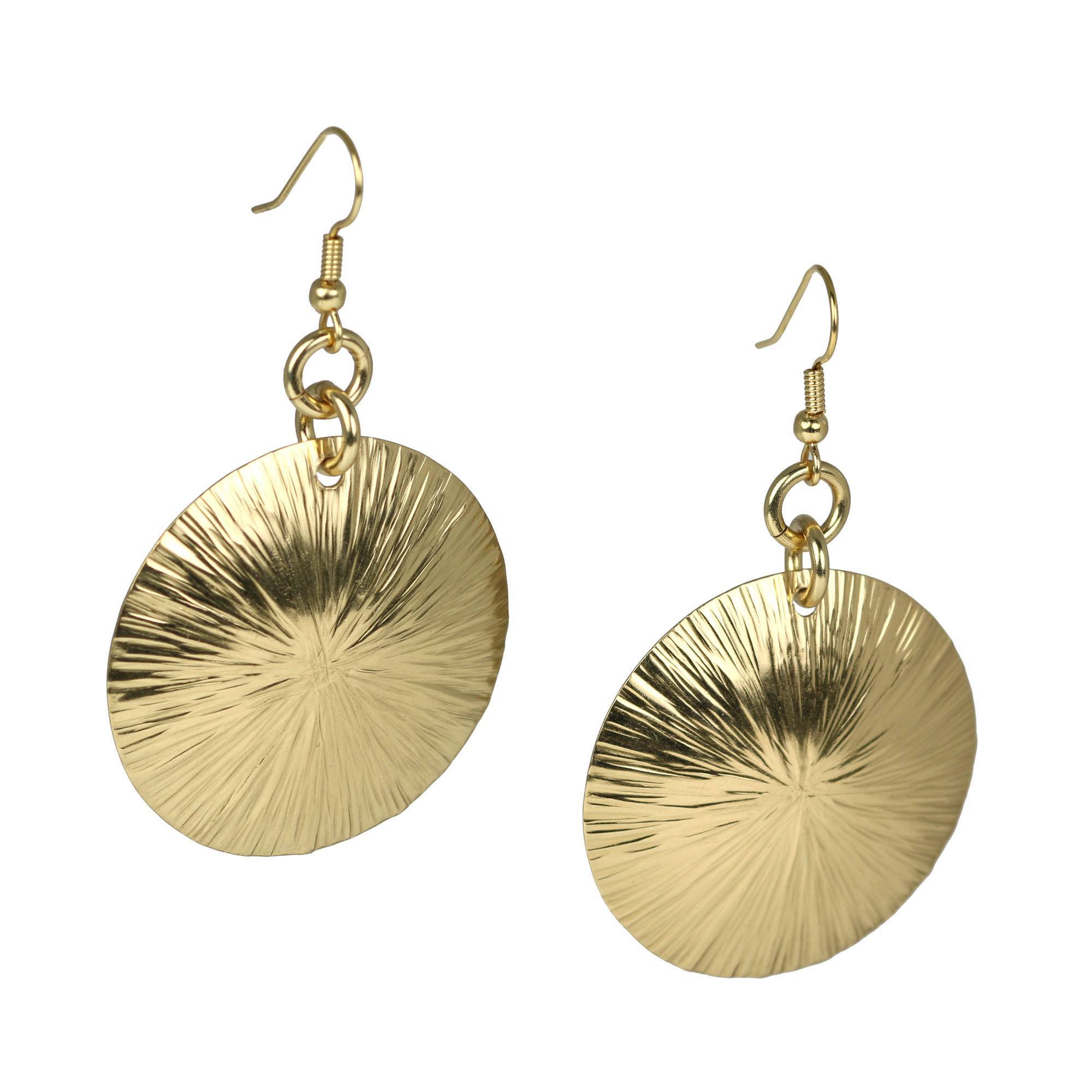 A Pair of Nu Gold Brass Sand Dollar Earrings on a White Background