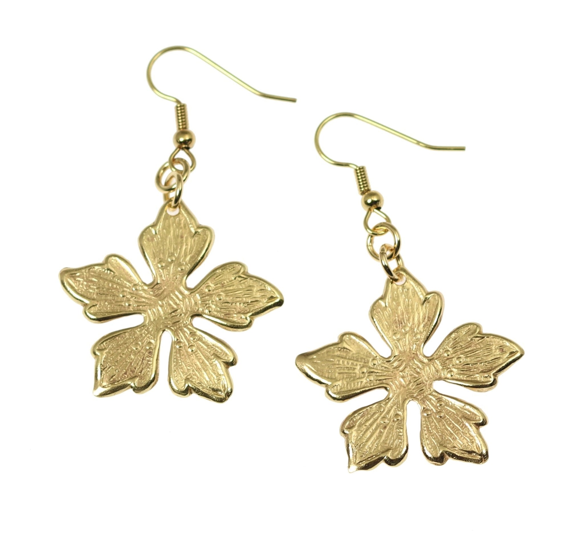 A Pair of Nu Gold Buttercup Flower Earrings on a White Background