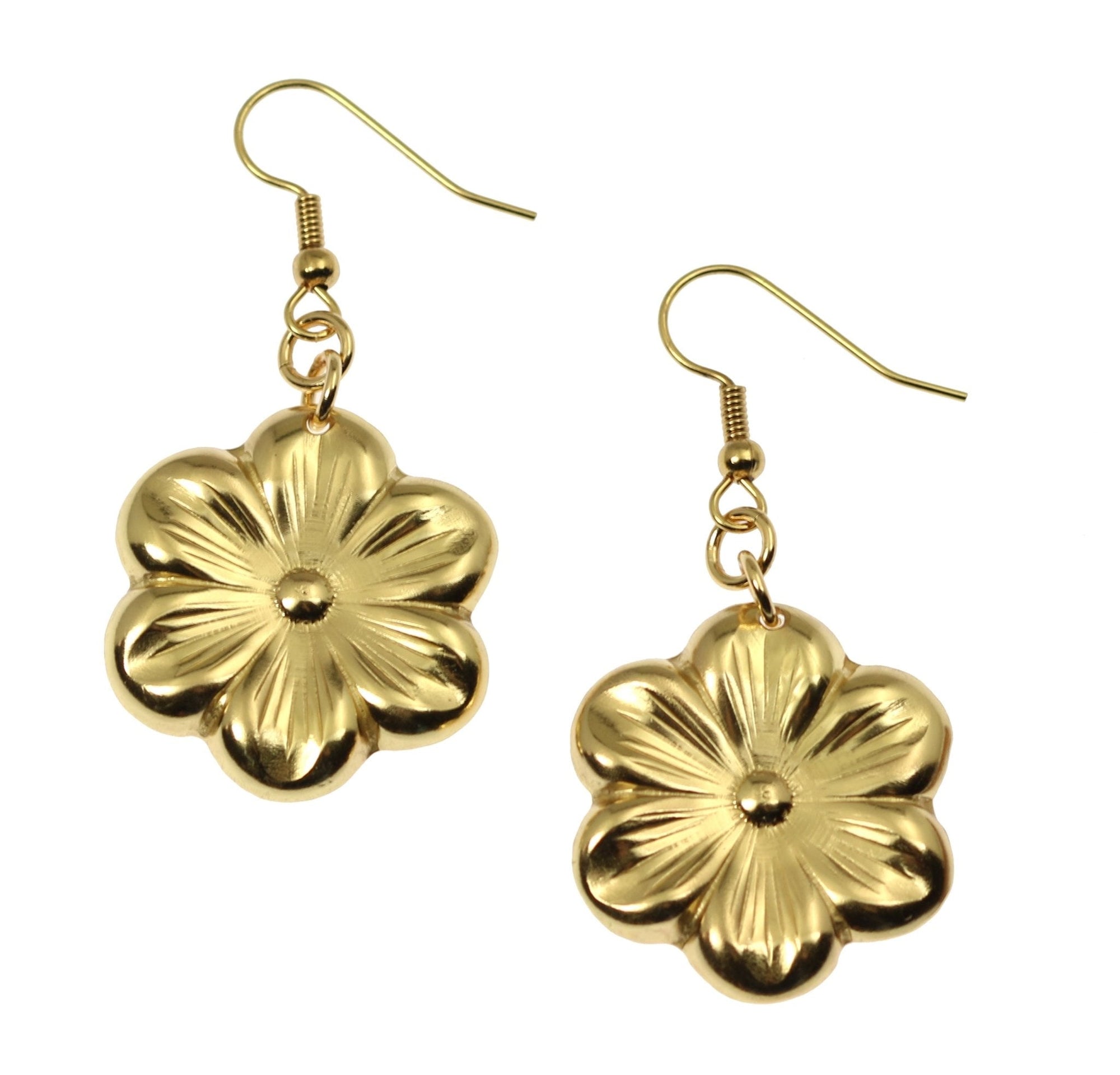 A Pair of Nu Gold Cherry Blossom Flower Earrings on a White Background