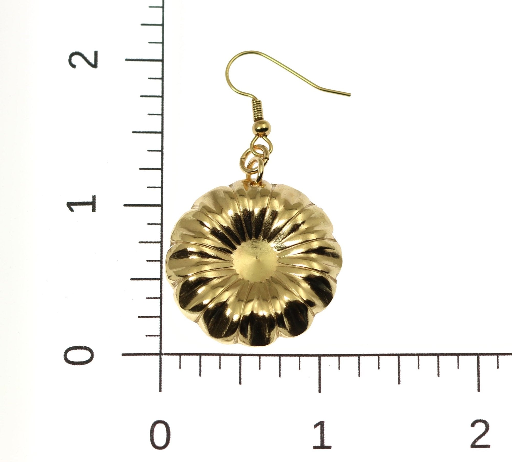 Scale of Nu Gold Chrysanthemum Flower Drop Earrings on Ruler for Size Dimensions