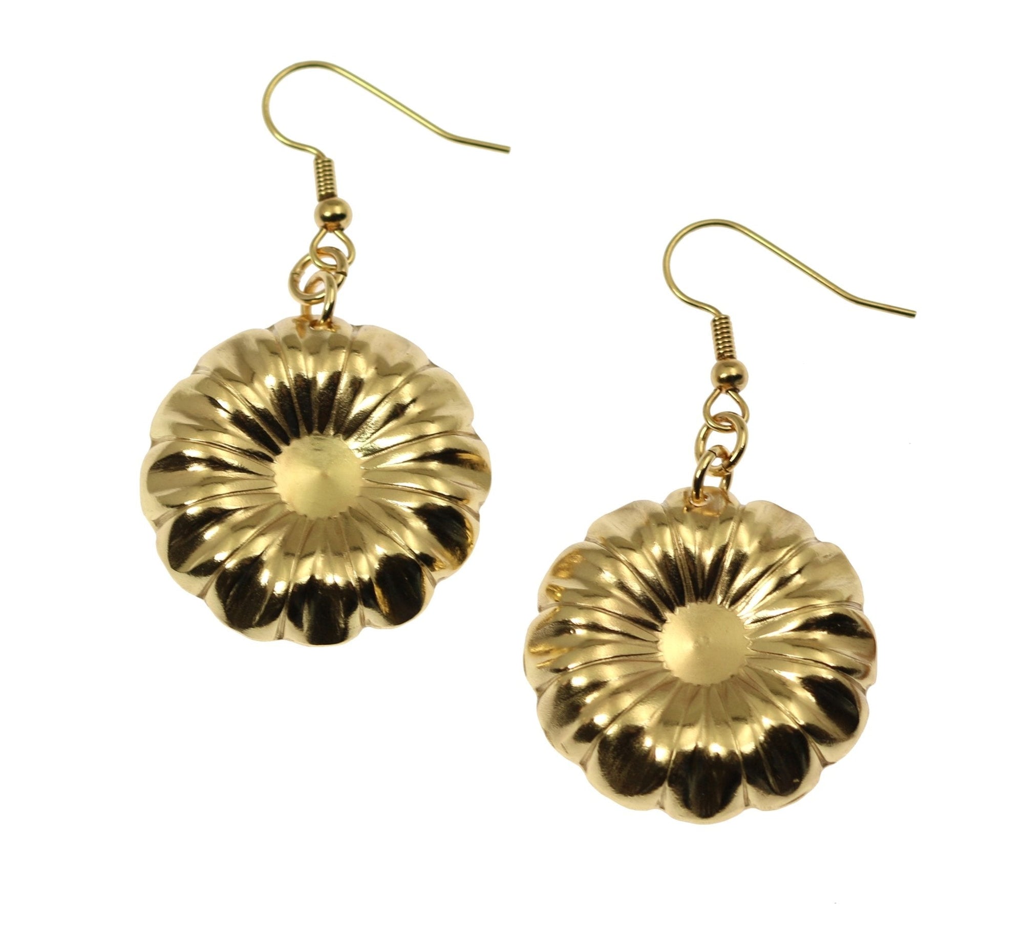 A Pair of Nu Gold Chrysanthemum Flower Drop Earrings on a White Background