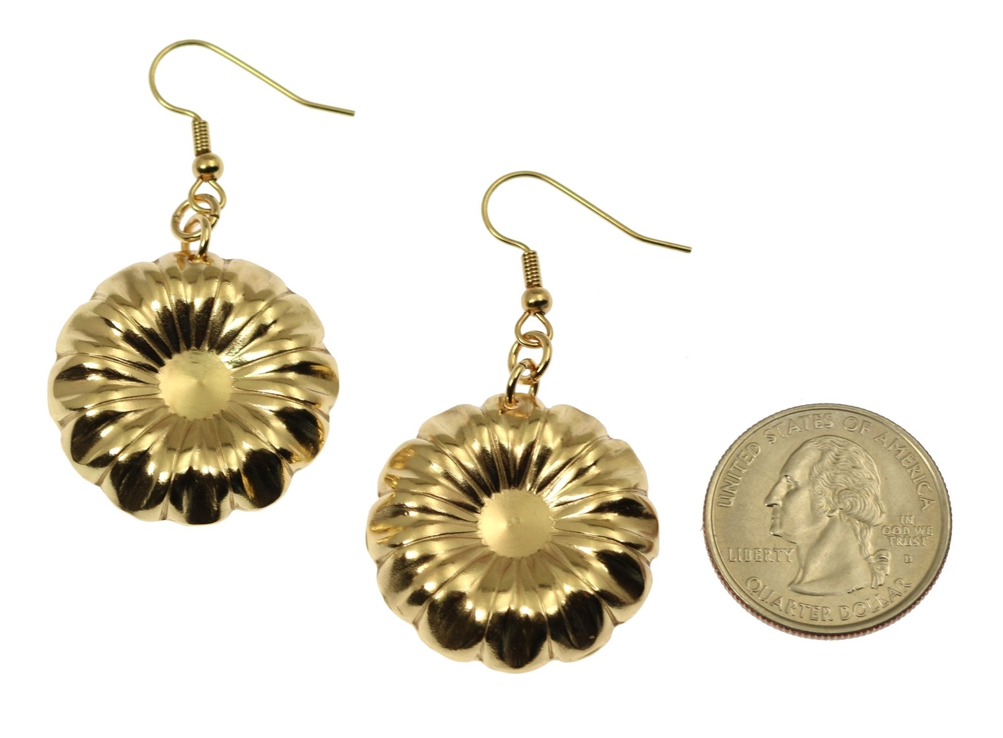 Size of Nu Gold Chrysanthemum Flower Drop Earrings compared to a US Quarter Coin