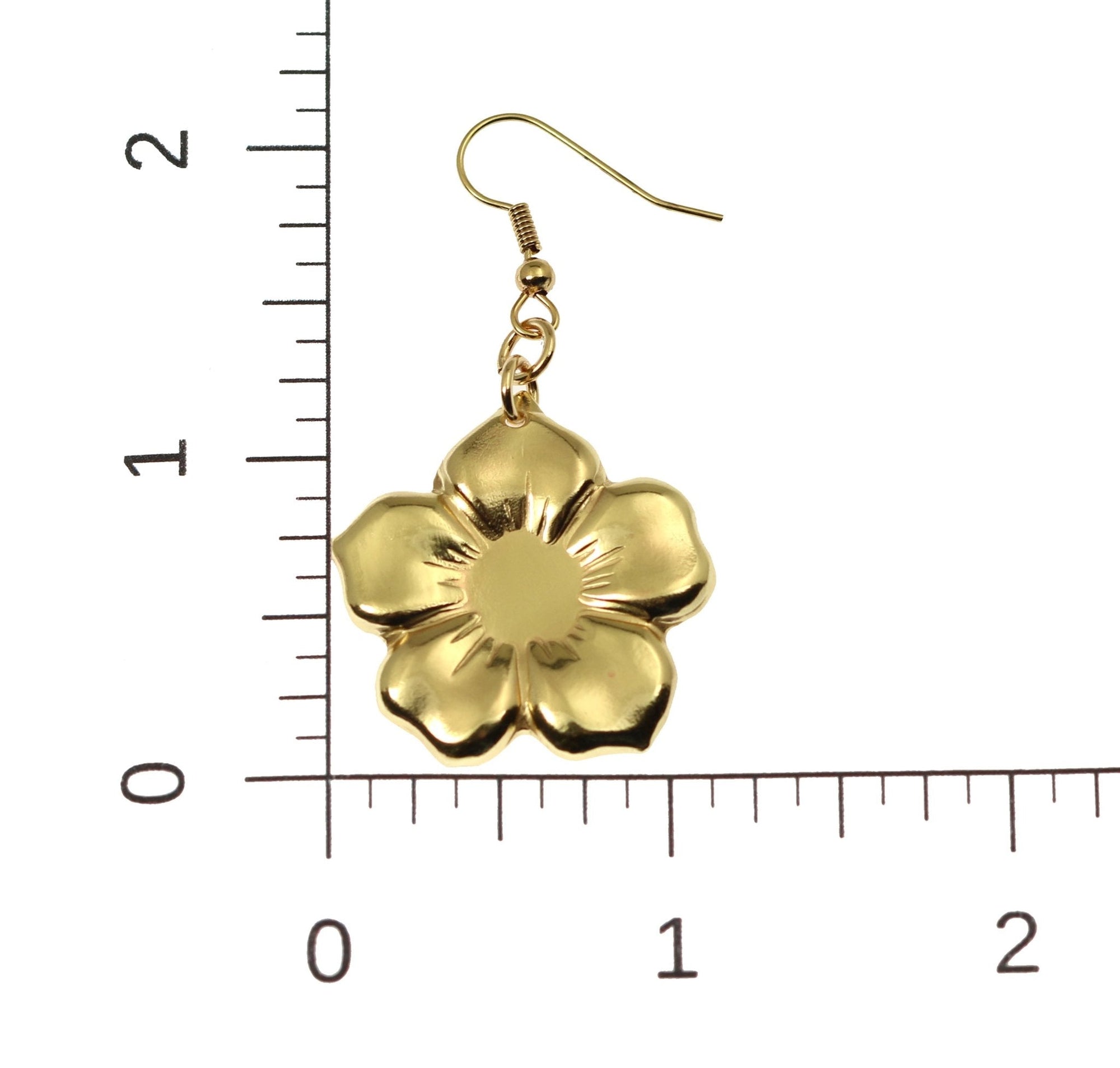 Scale of Nu Gold Forget Me Not Flower Earrings on a Ruler for Size Dimensions
