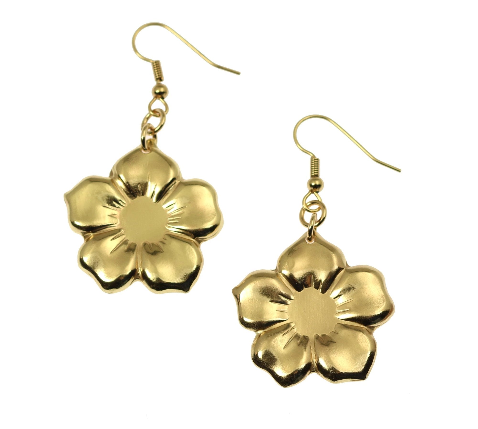 A Pair of Nu Gold Forget Me Not Flower Earrings on a White Background