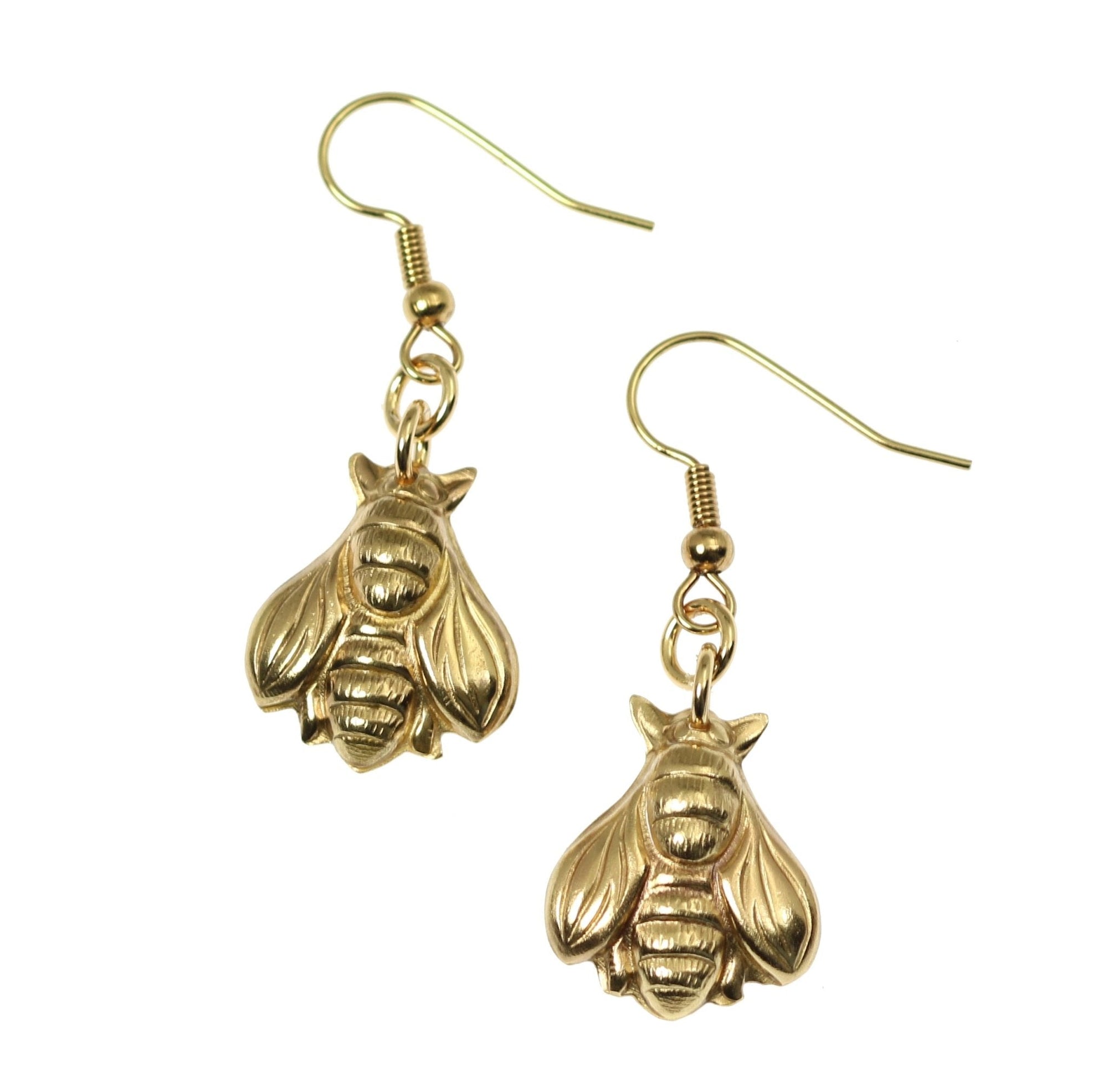 A Pair of Nu Gold Honey Bee Earrings on a White Background