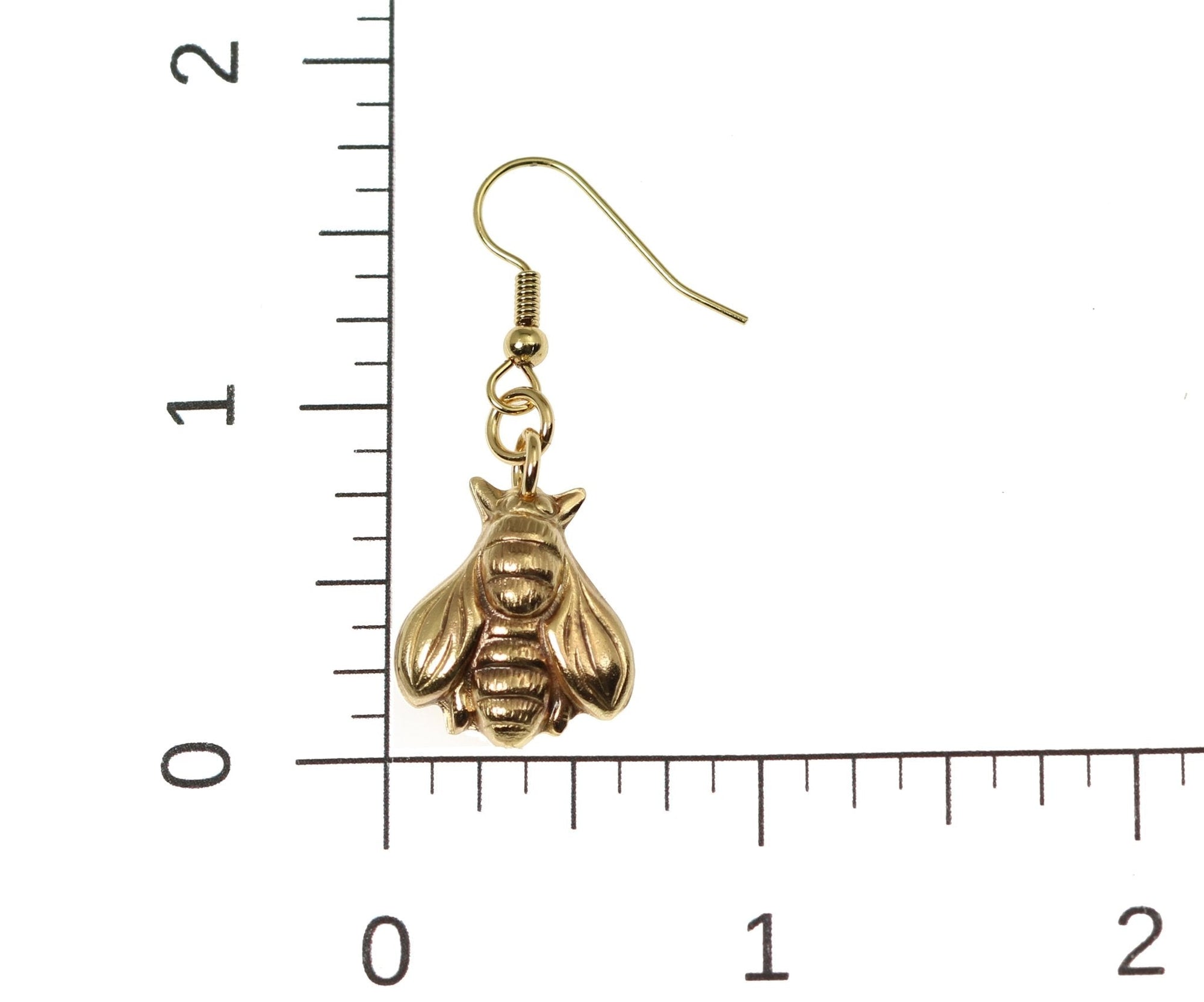 Scale of Nu Gold Honey Bee Earrings on Ruler for Size Dimension