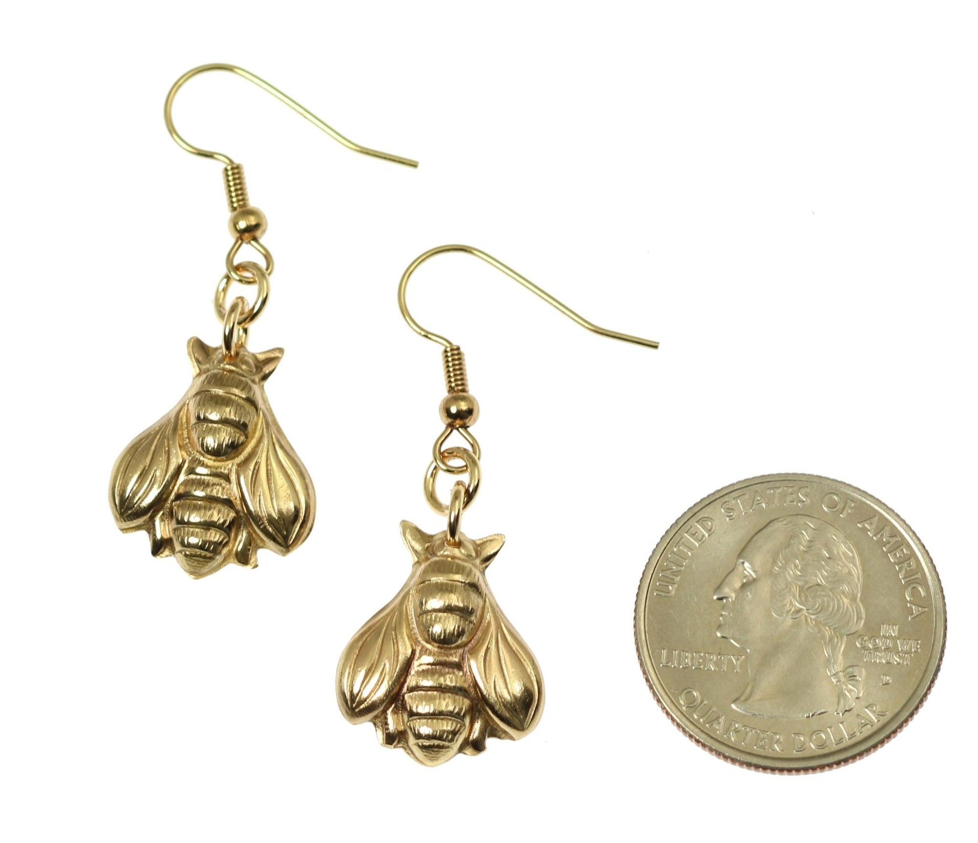 Size of Nu Gold Honey Bee Earrings compared to a US Quarter Coin