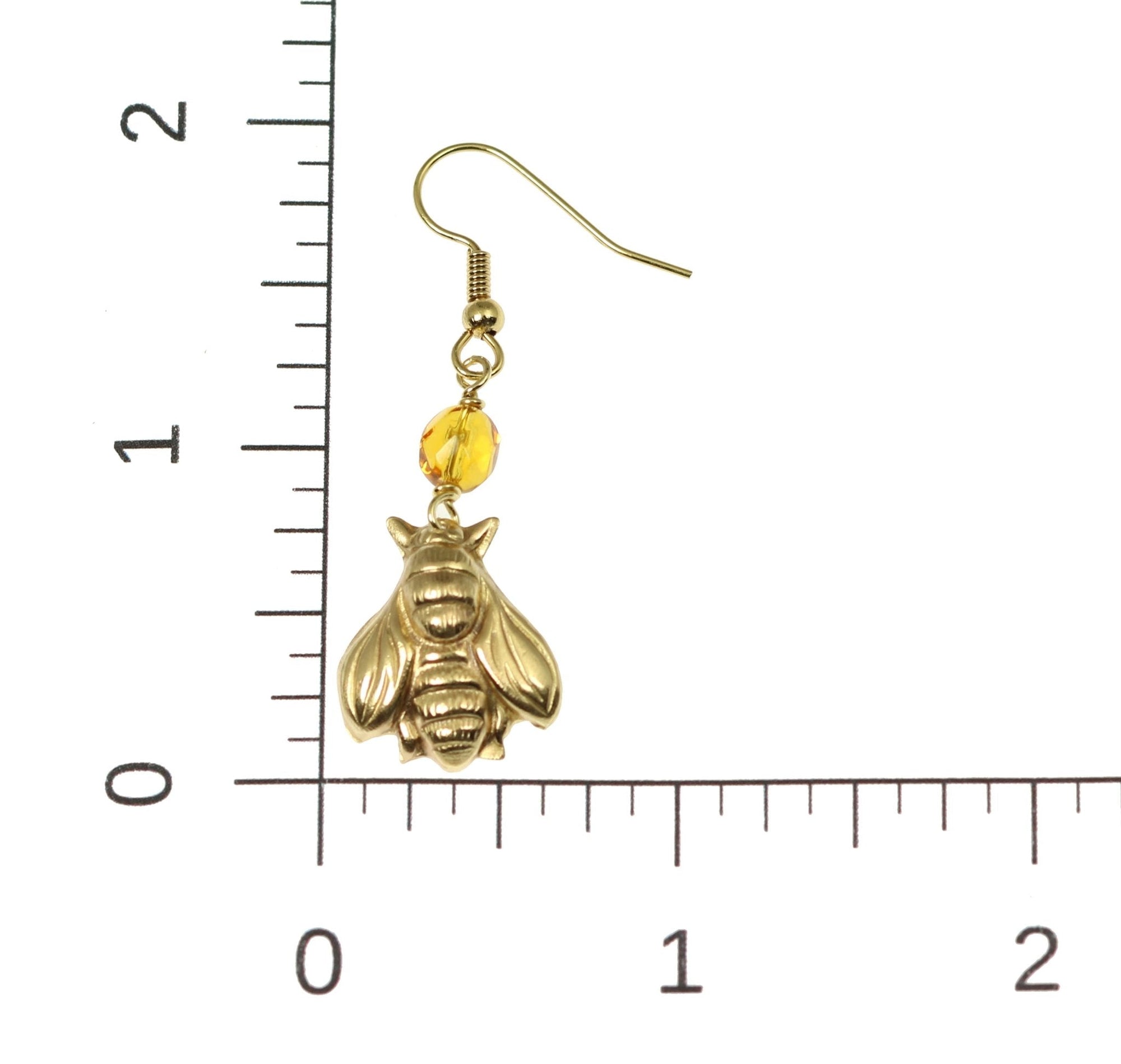 Scale of Nu Gold Honey Bee Earrings with Amber on a Ruler for Size Dimensions
