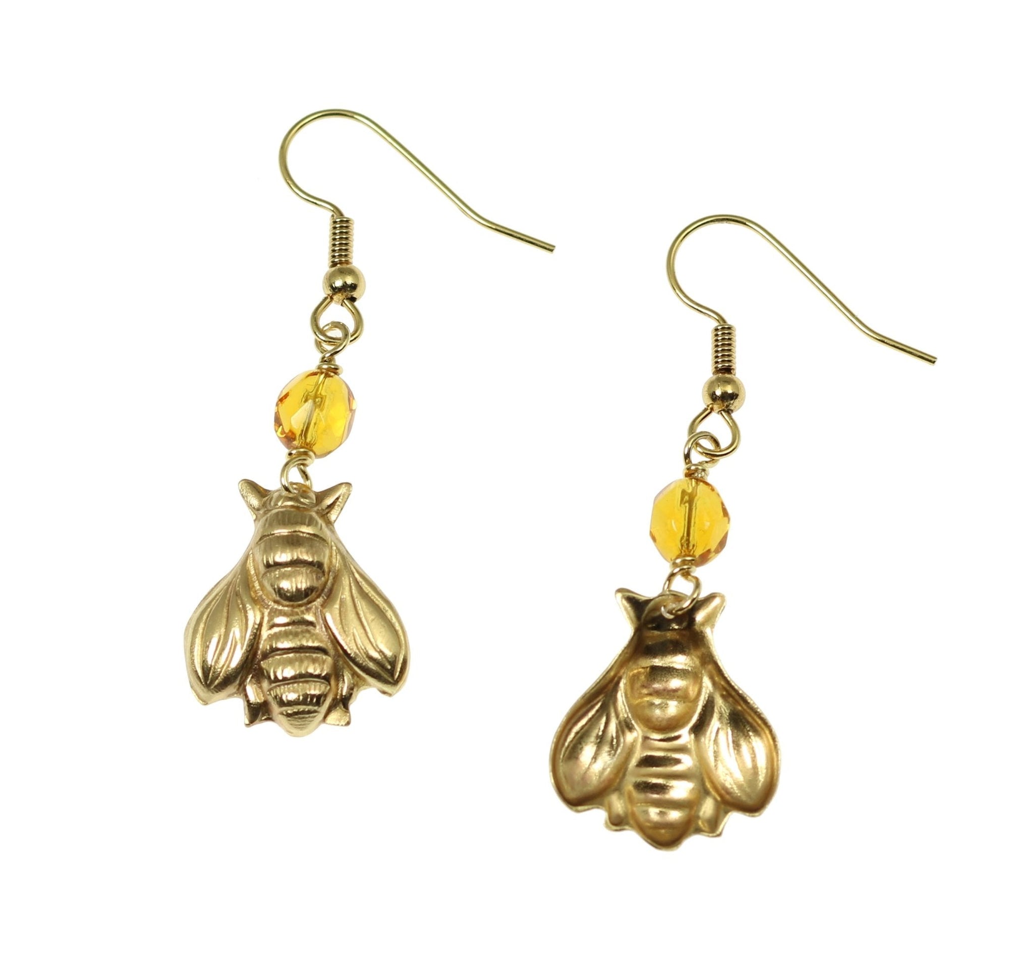Front and Back Views of Nu Gold Honey Bee Earrings with Amber