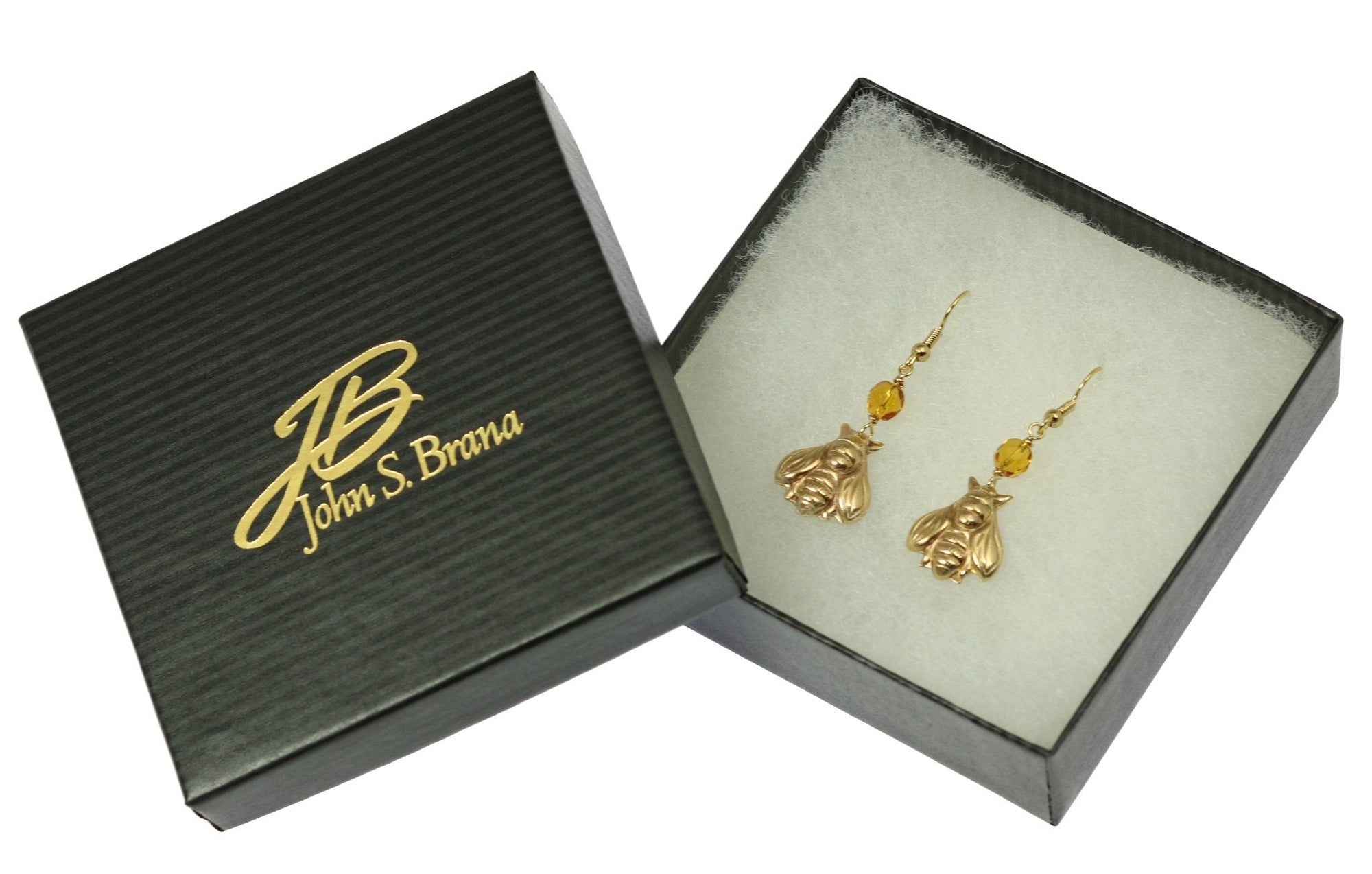 Nu Gold Honey Bee Earrings with Amber in Gift Box