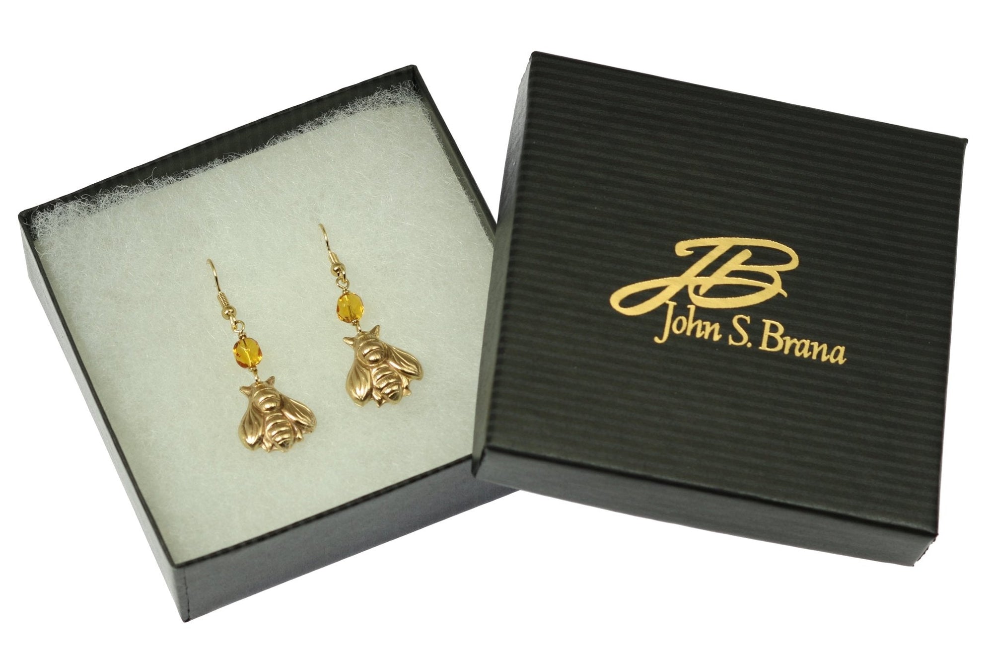 Gift Boxed Nu Gold Honey Bee Earrings with Amber