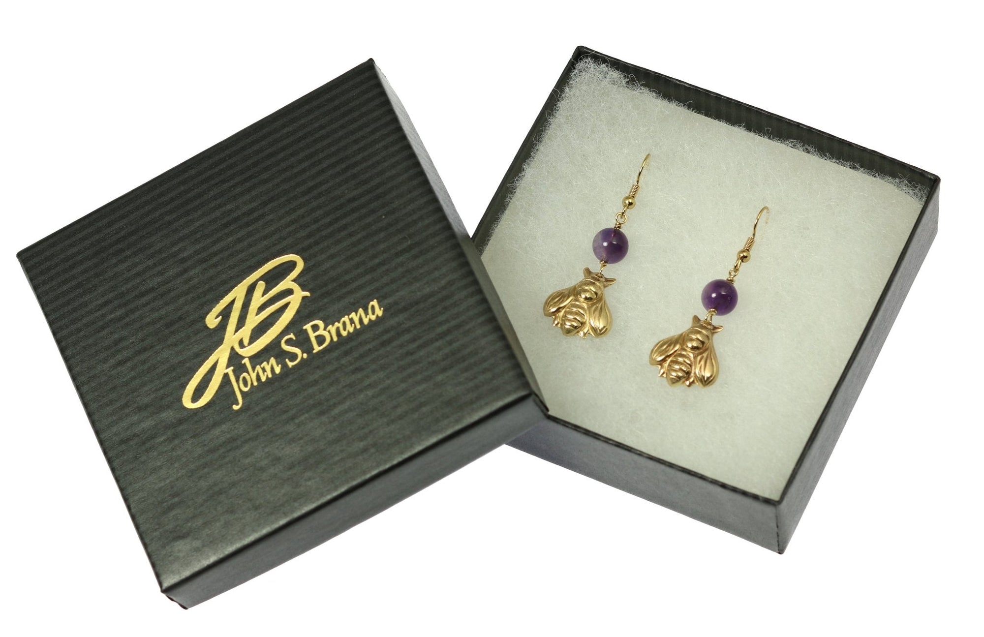Nu Gold Honey Bee Earrings with Amethyst in Gift Box