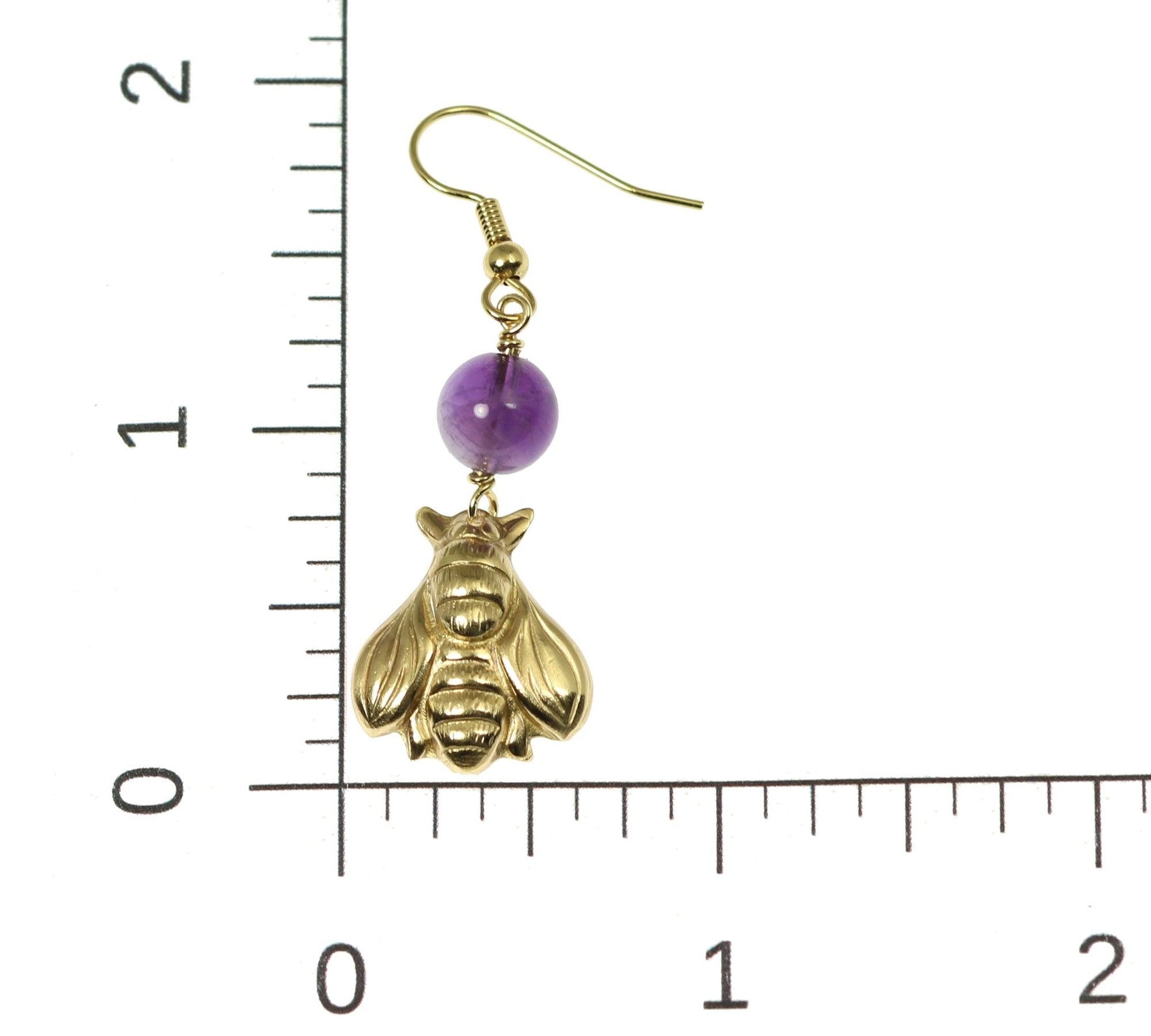 Scale of Nu Gold Honey Bee Earrings with Amethyst on a Ruler for Size Dimensions