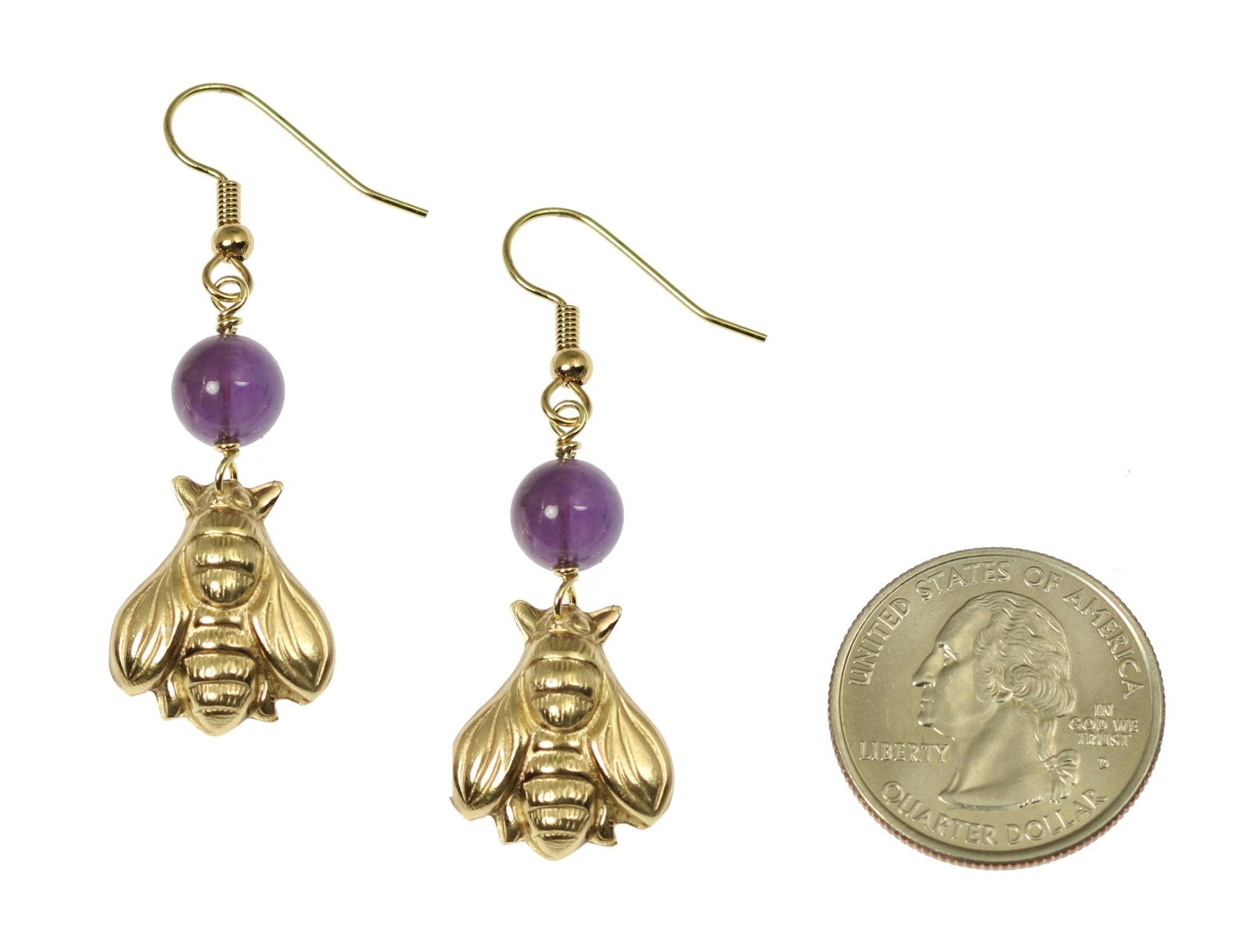 Size of Nu Gold Honey Bee Earrings with Amethyst compared to a US Quarter Coin