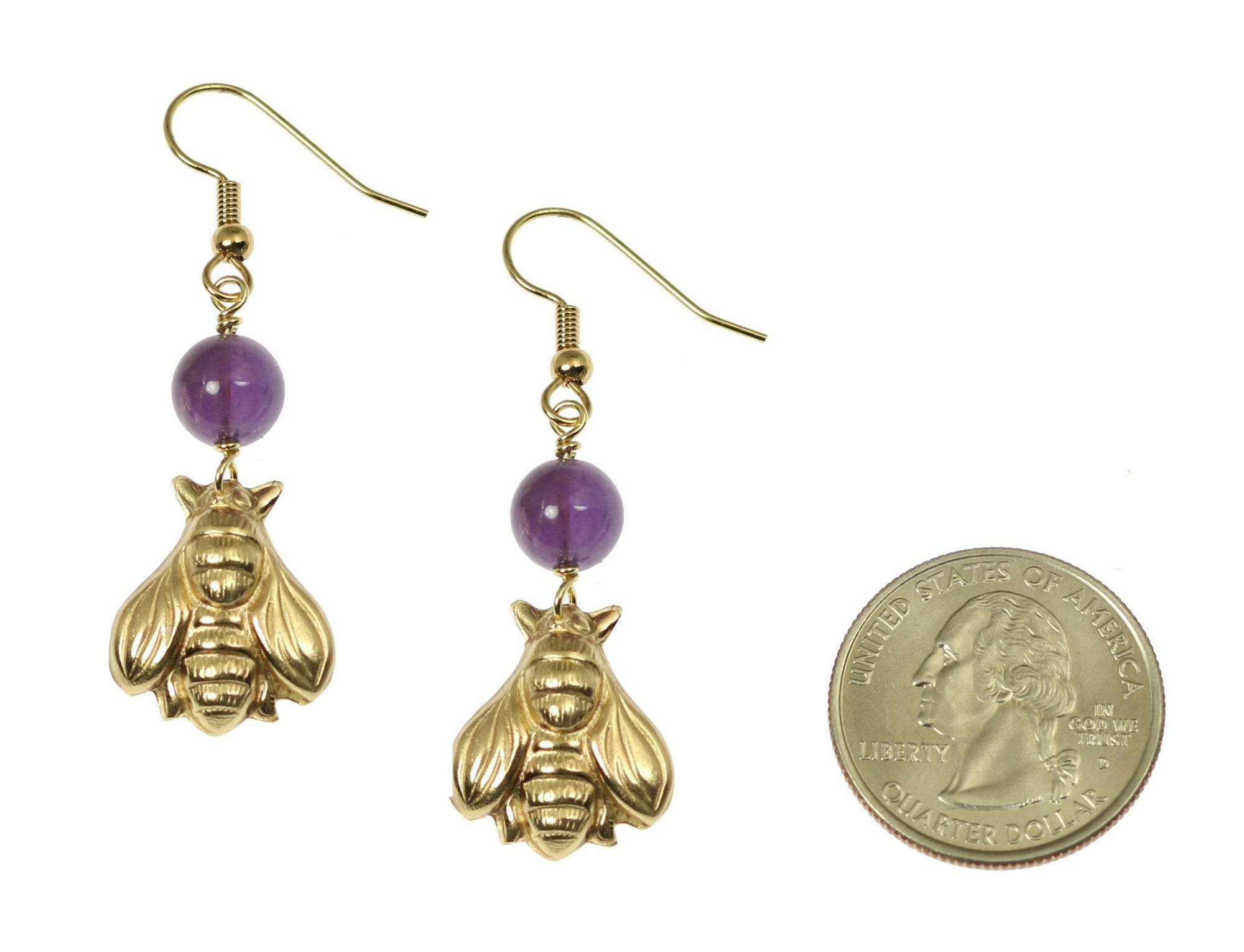 Size of Nu Gold Honey Bee Earrings with Amethyst