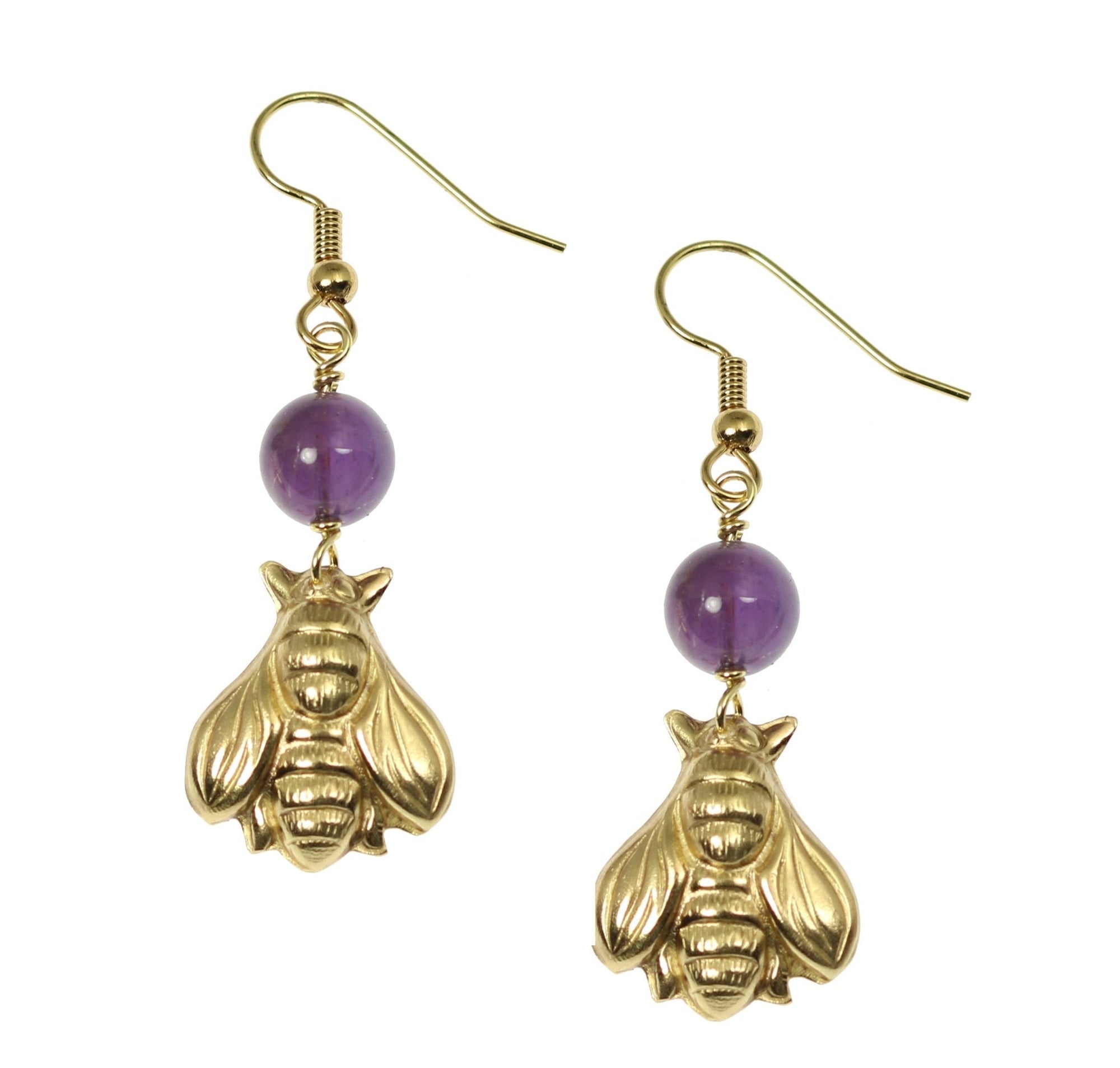 A Pair of Nu Gold Honey Bee Earrings with Amethyst on a White Background