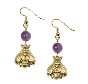 1 of 6: A Pair of Nu Gold Honey Bee Earrings with Amethyst on a White Background