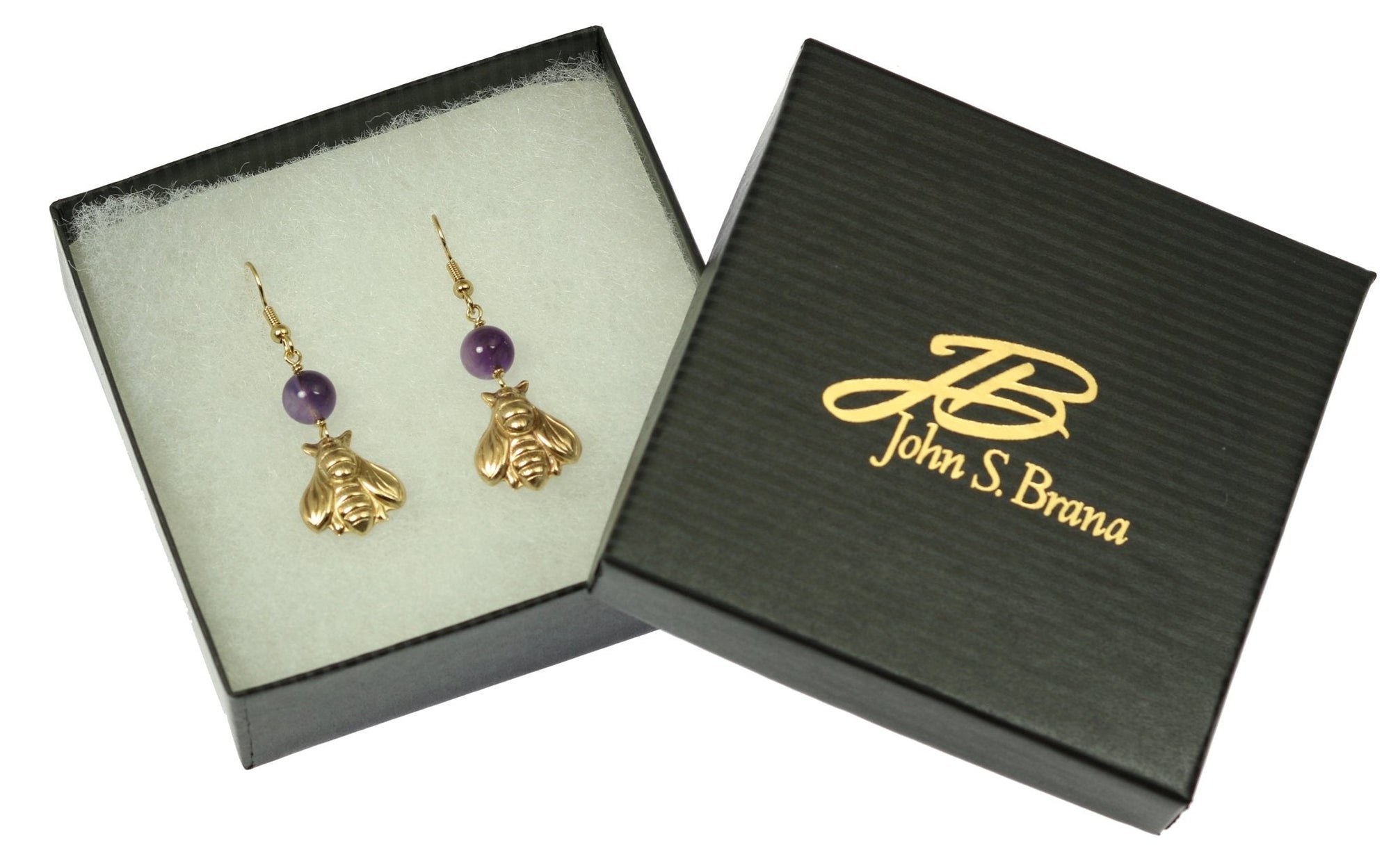 Gift Boxed Nu Gold Honey Bee Earrings with Amethyst