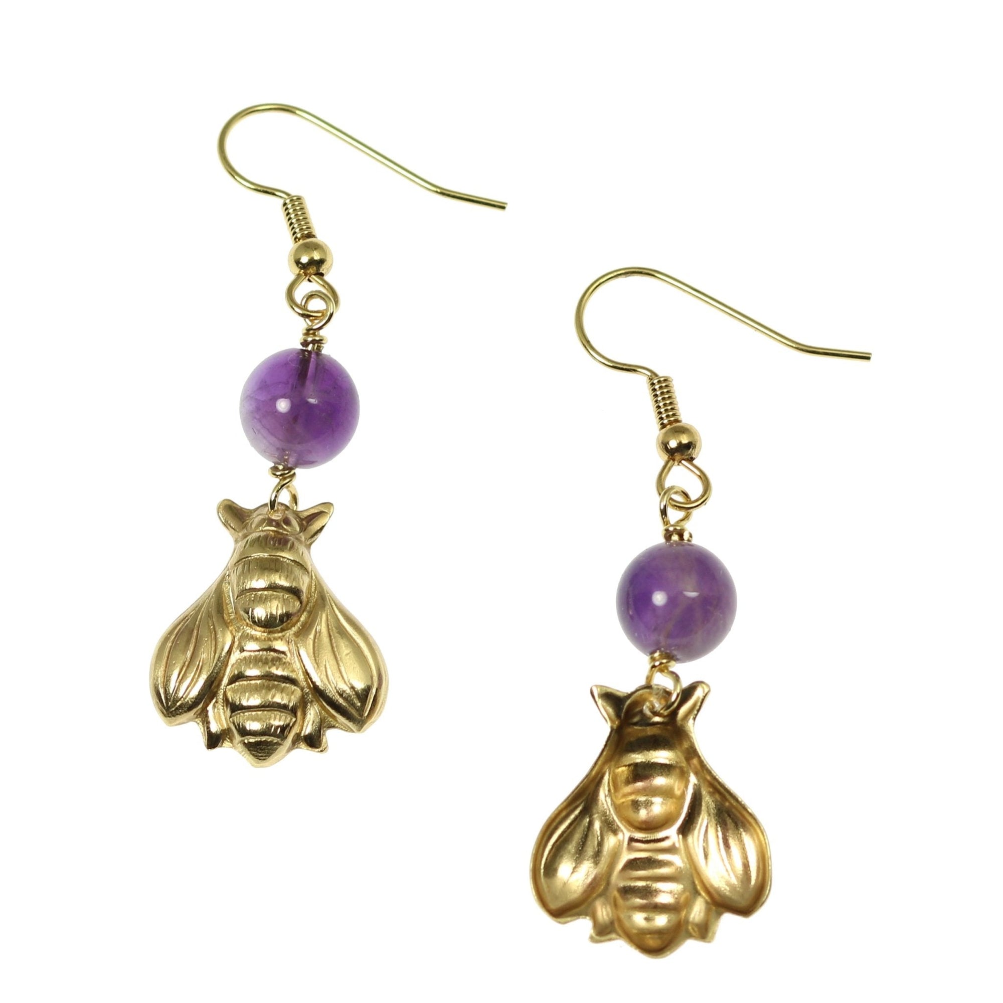 Front and Back Views of Nu Gold Honey Bee Earrings with Amethyst