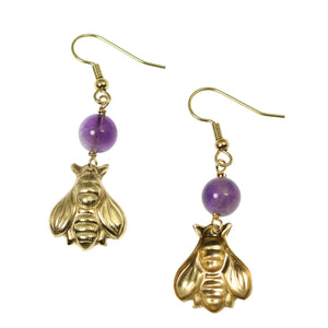 4 of 6: Front and Back Views of Nu Gold Honey Bee Earrings with Amethyst
