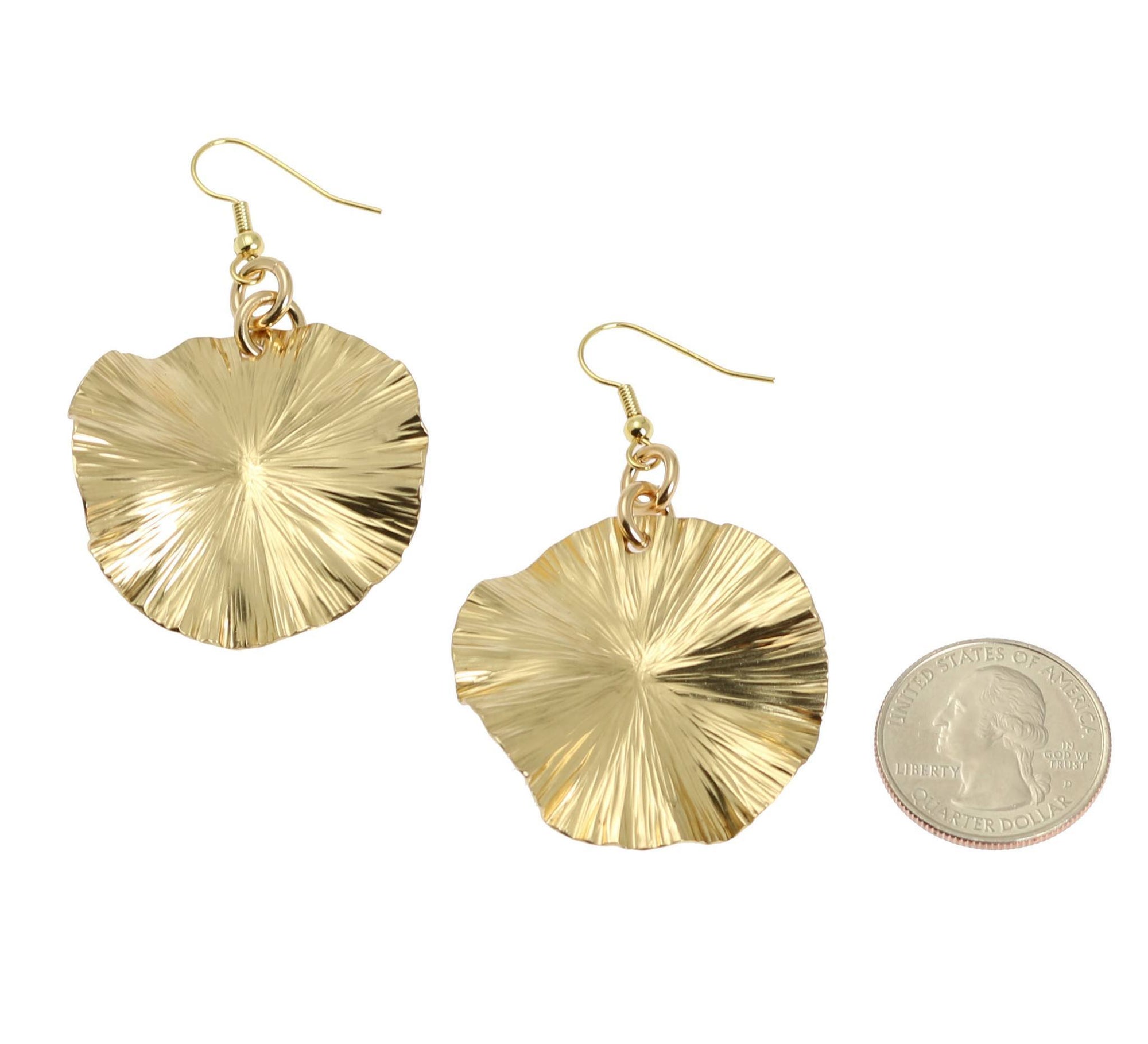 Size of Nu Gold Lily Pad Earrings compared to a US Quarter Coin