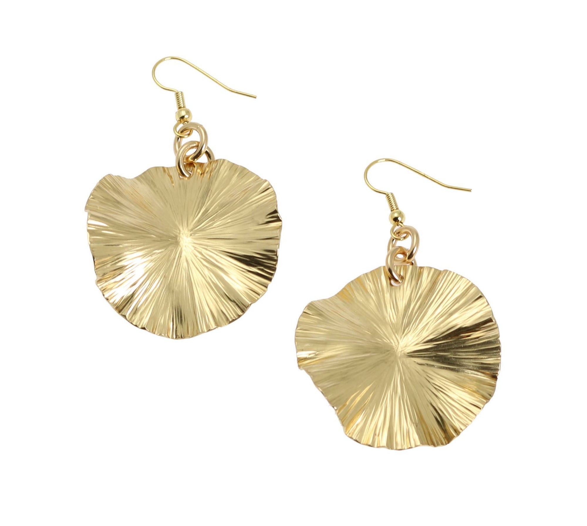 A Pair of Nu Gold Lily Pad Earrings on a White Background