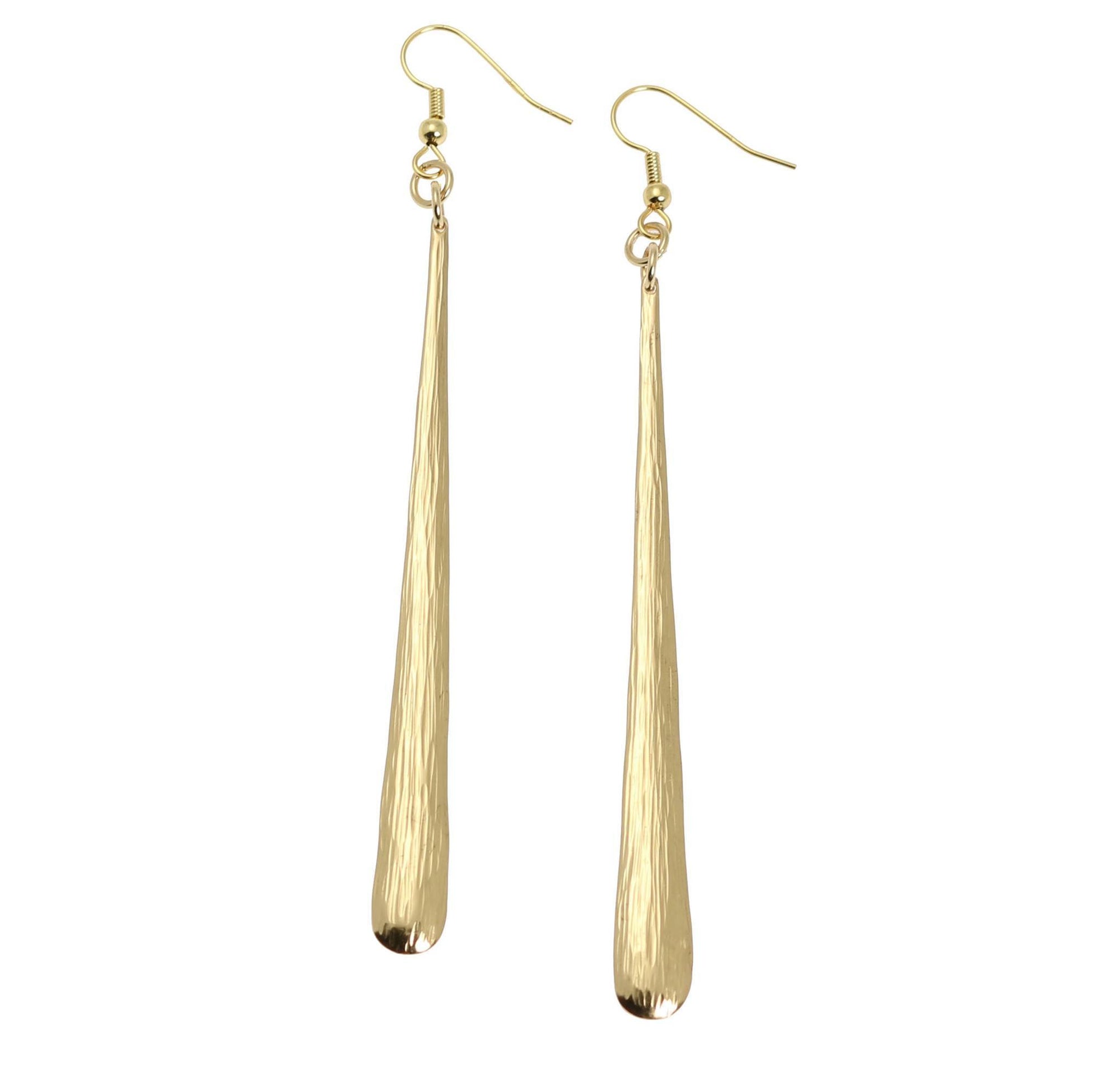 A Pair of Nu Gold Stiletto Bark Earrings on a White Background