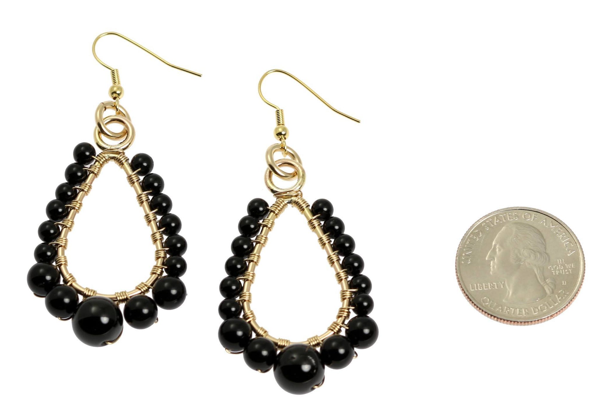 Size of Small Onyx Wire Wrapped 14K Gold-filled Earrings compared to a US Quarter Coin