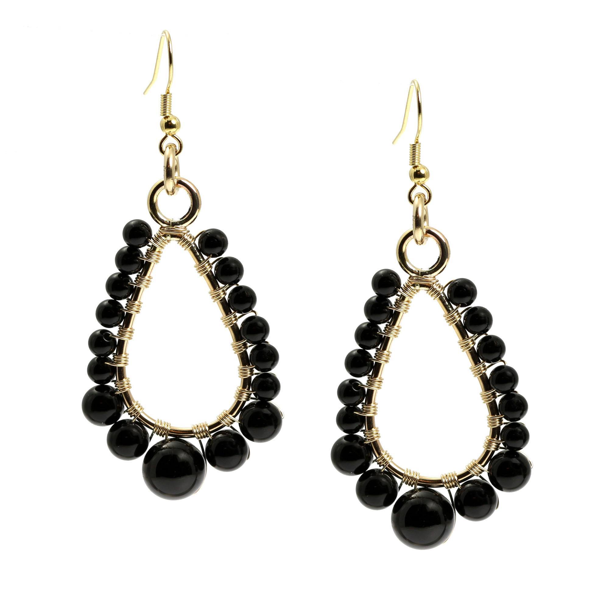 Detail of Small Onyx Wire Wrapped 14K Gold-filled Earrings