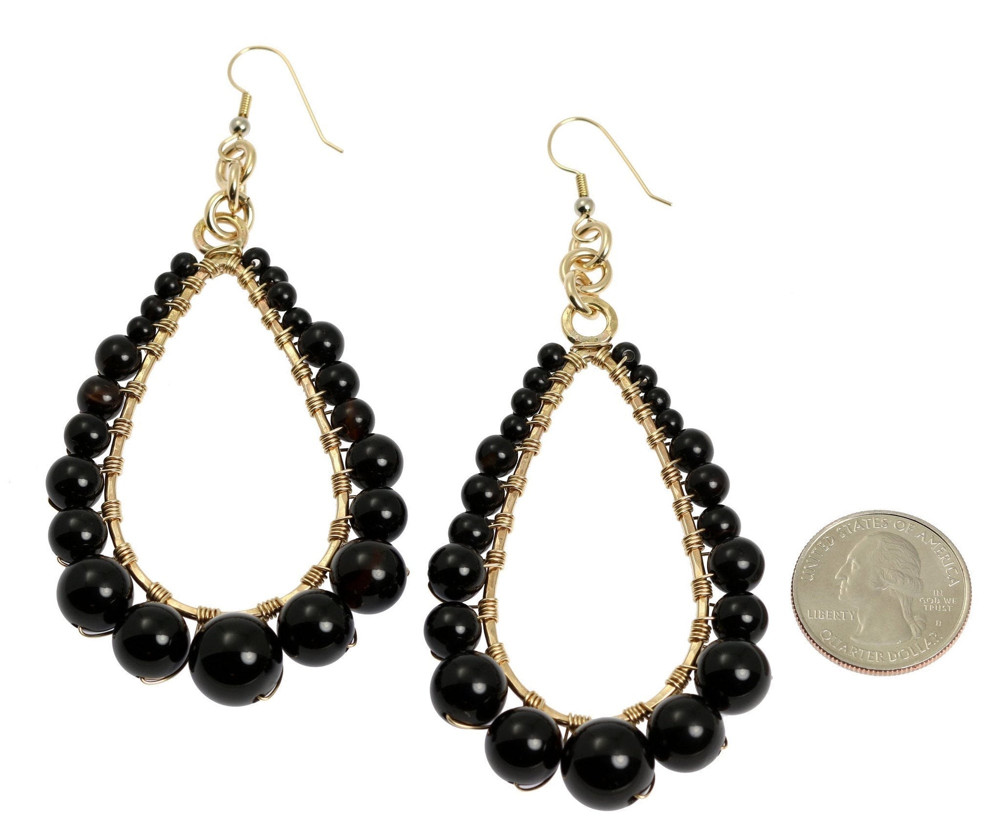 Size of Onyx Wire Wrapped 14K Gold-filled Teardrop Earrings compared to a US Quarter Coin