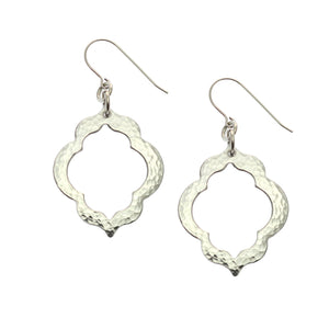 1 of 9: A Pair of Pierced Hammered Quatrefoil Aluminum Earrings on a White Background