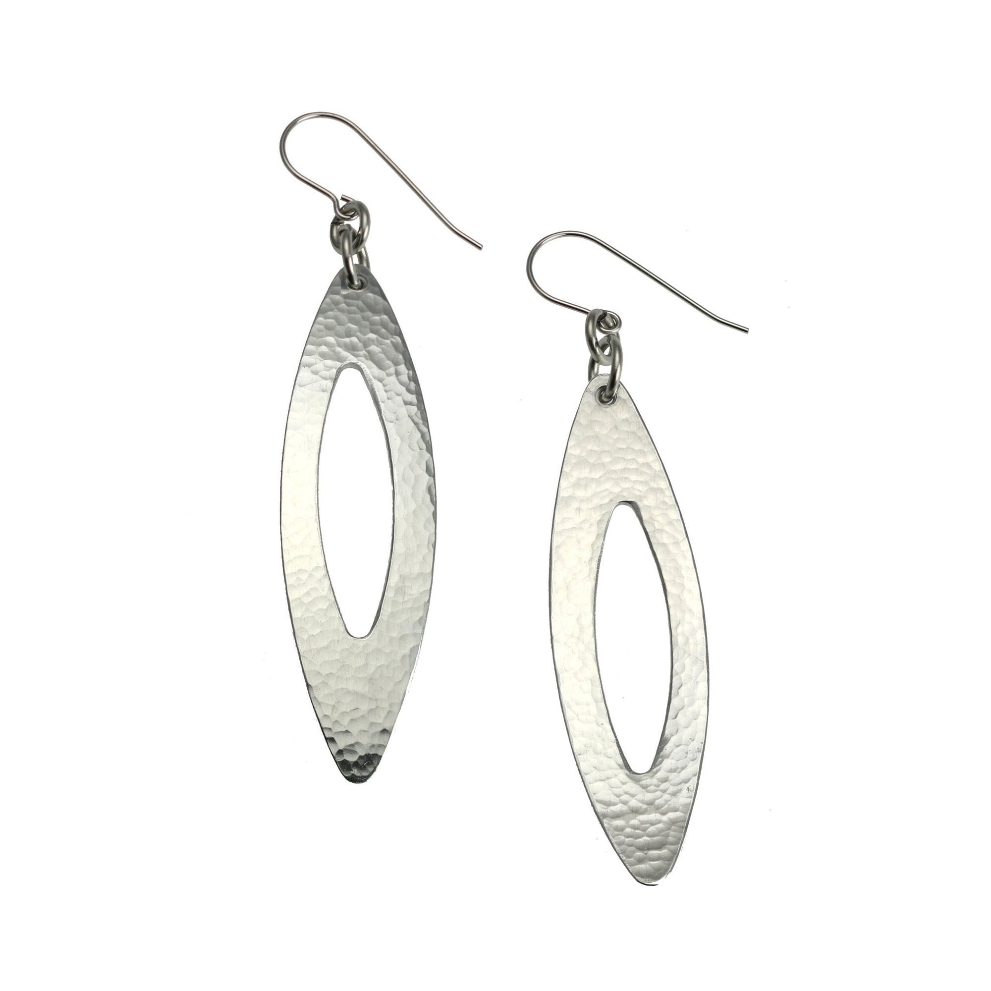 Detail of Pierced Large Oval Hammered Aluminum Drop Earrings