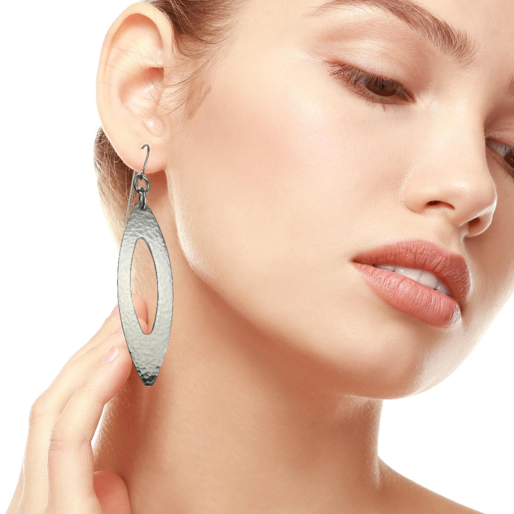 Model Wearing Pierced Large Oval Hammered Aluminum Earrings