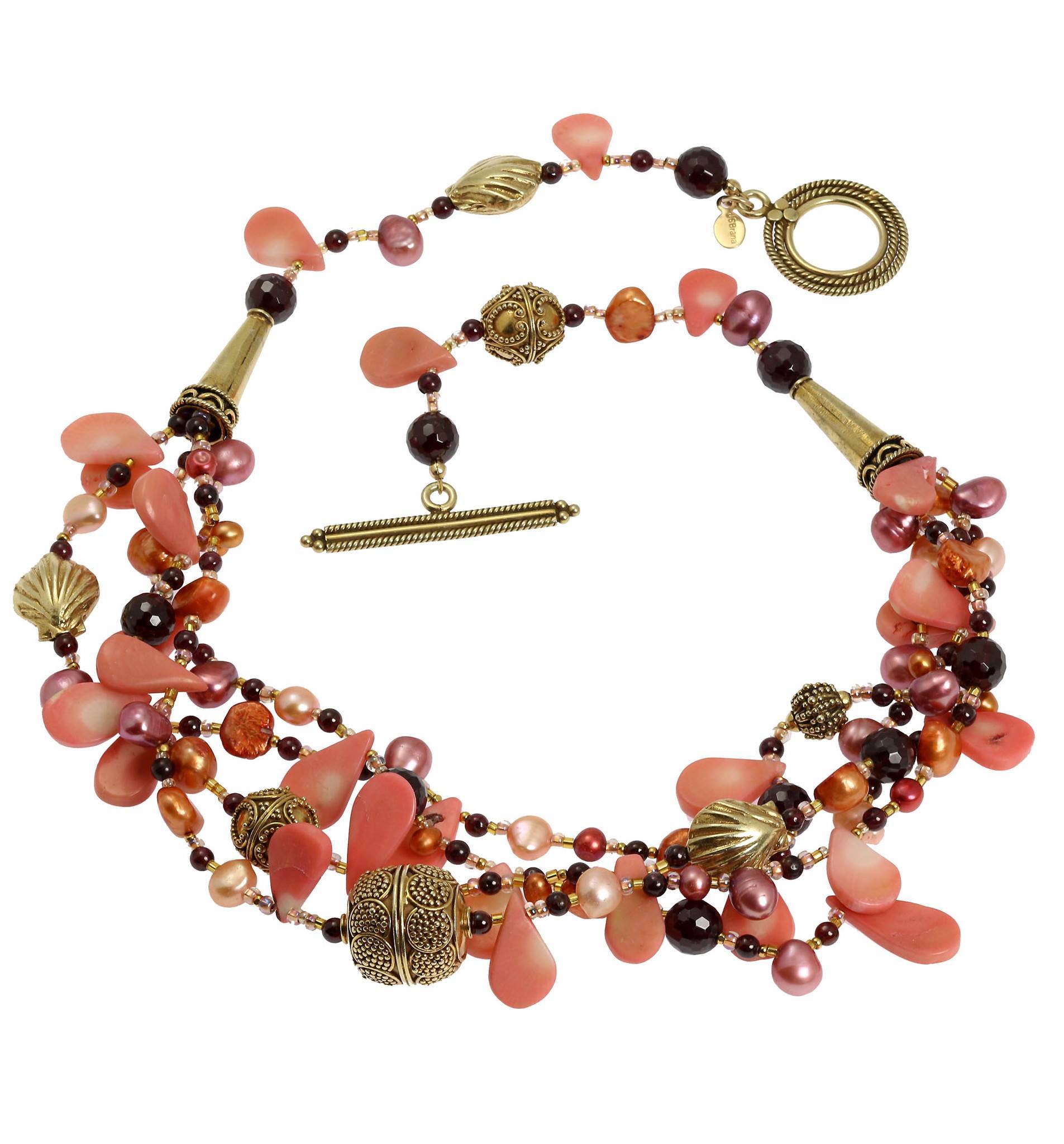 Detail View of Pink Coral Garnet Beaded Gemstone Necklace 