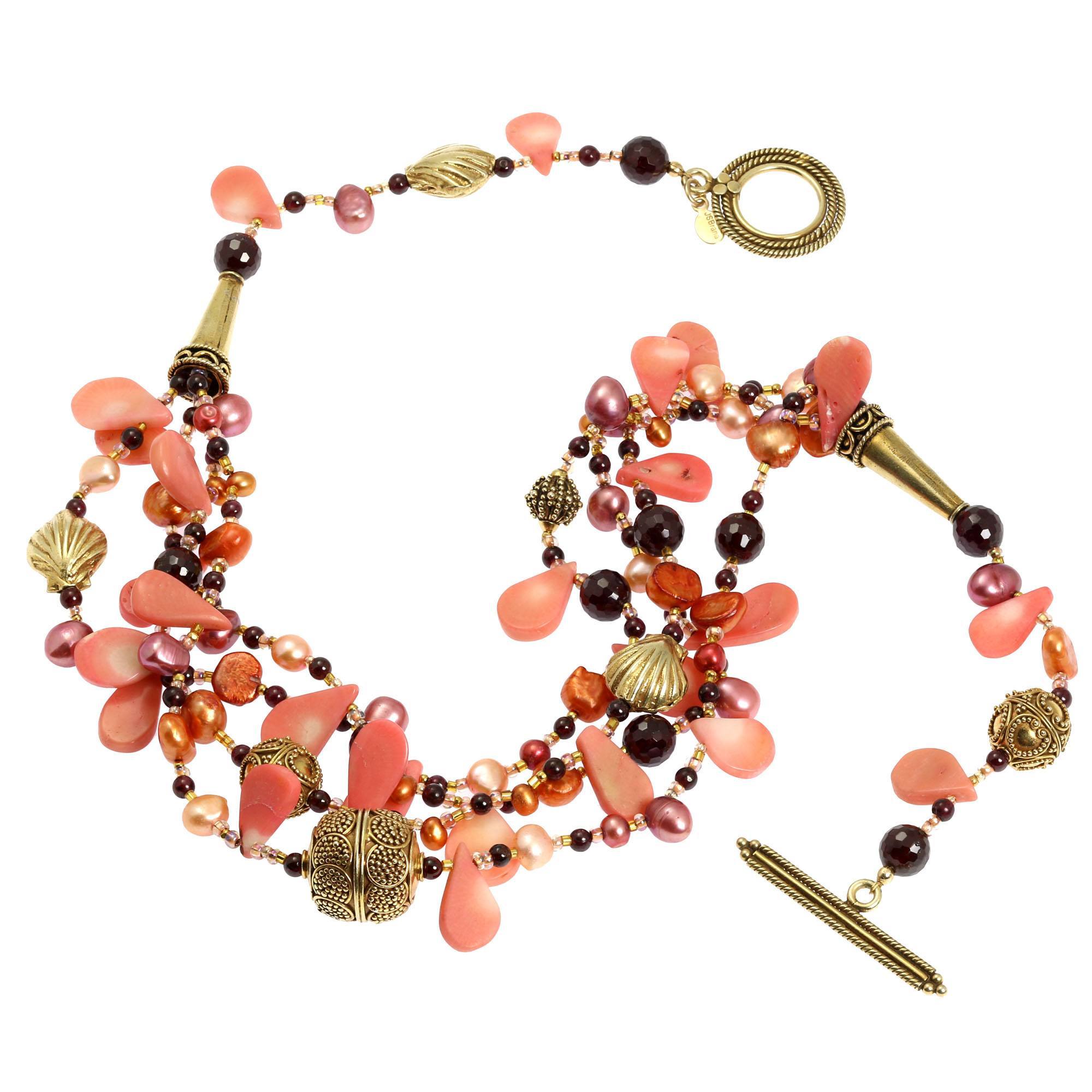 Detail of Pink Coral Garnet Beaded Gemstone Necklace