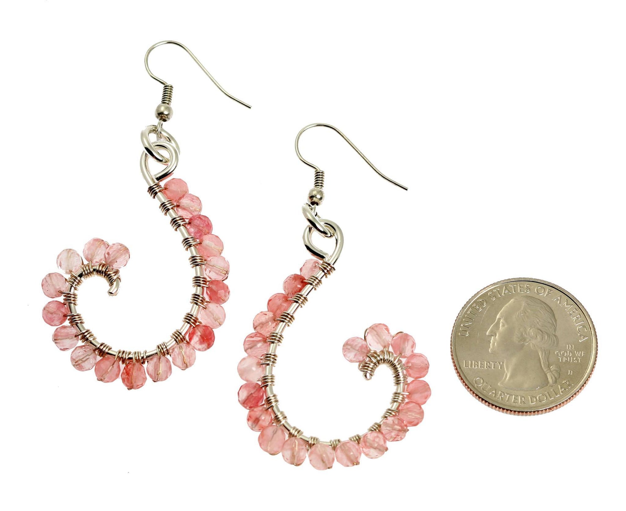 Size of Rose Quartz Wire Wrapped Silver Earrings compared to a US Quarter Coin